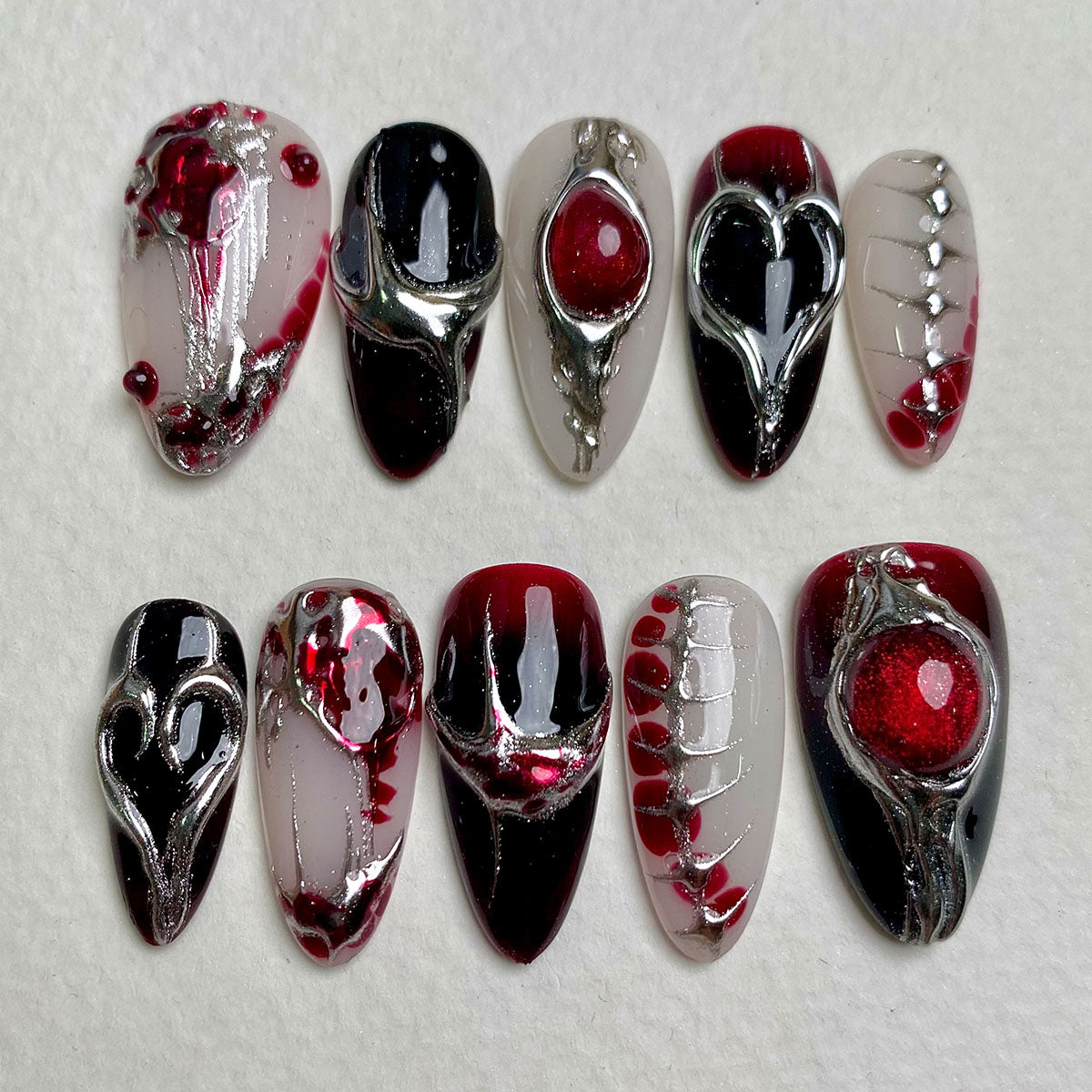 Crimson Heart – Red Black Gothic Press-On Nails, Dark Metal Fake Nails