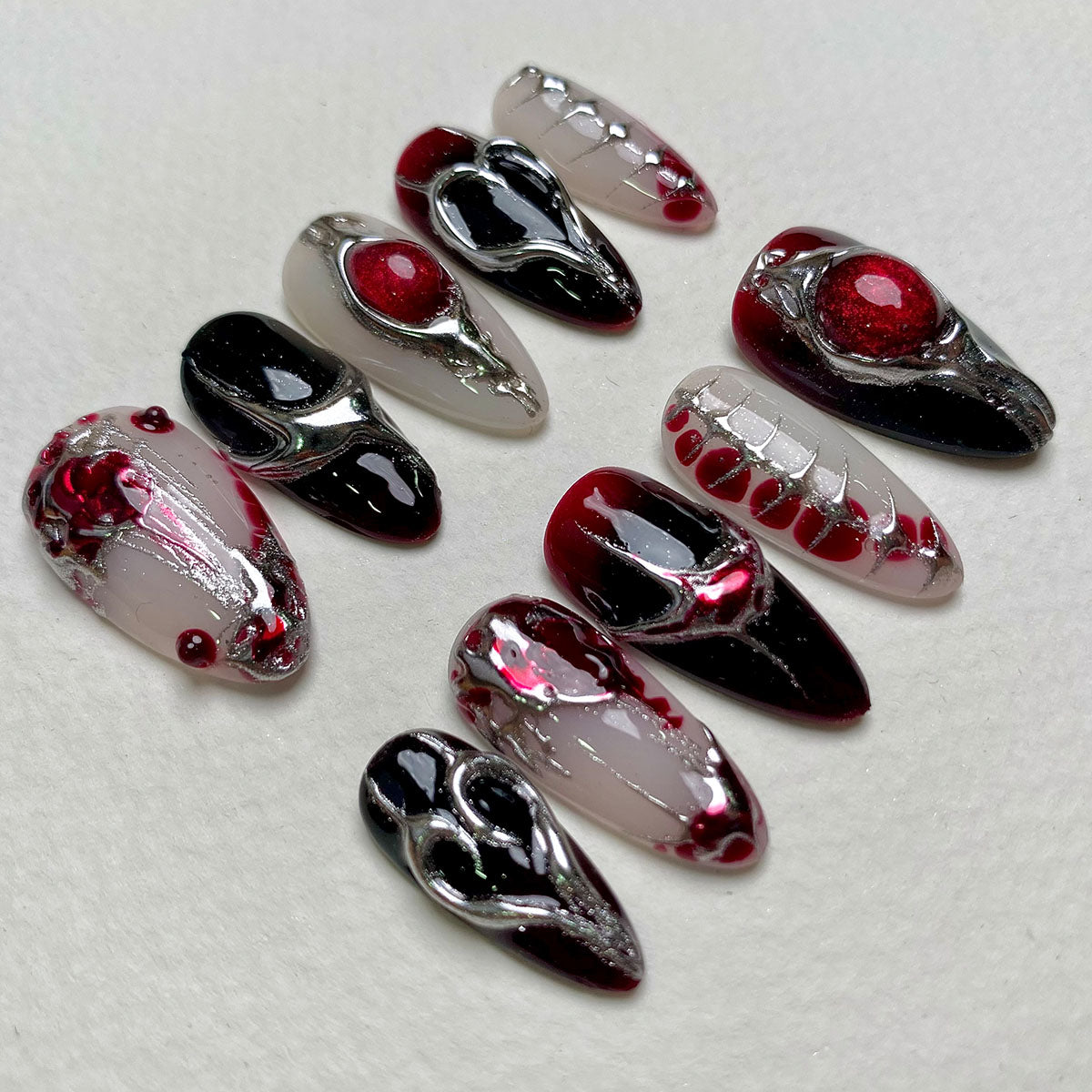 Crimson Heart – Red Black Gothic Press-On Nails, Dark Metal Fake Nails