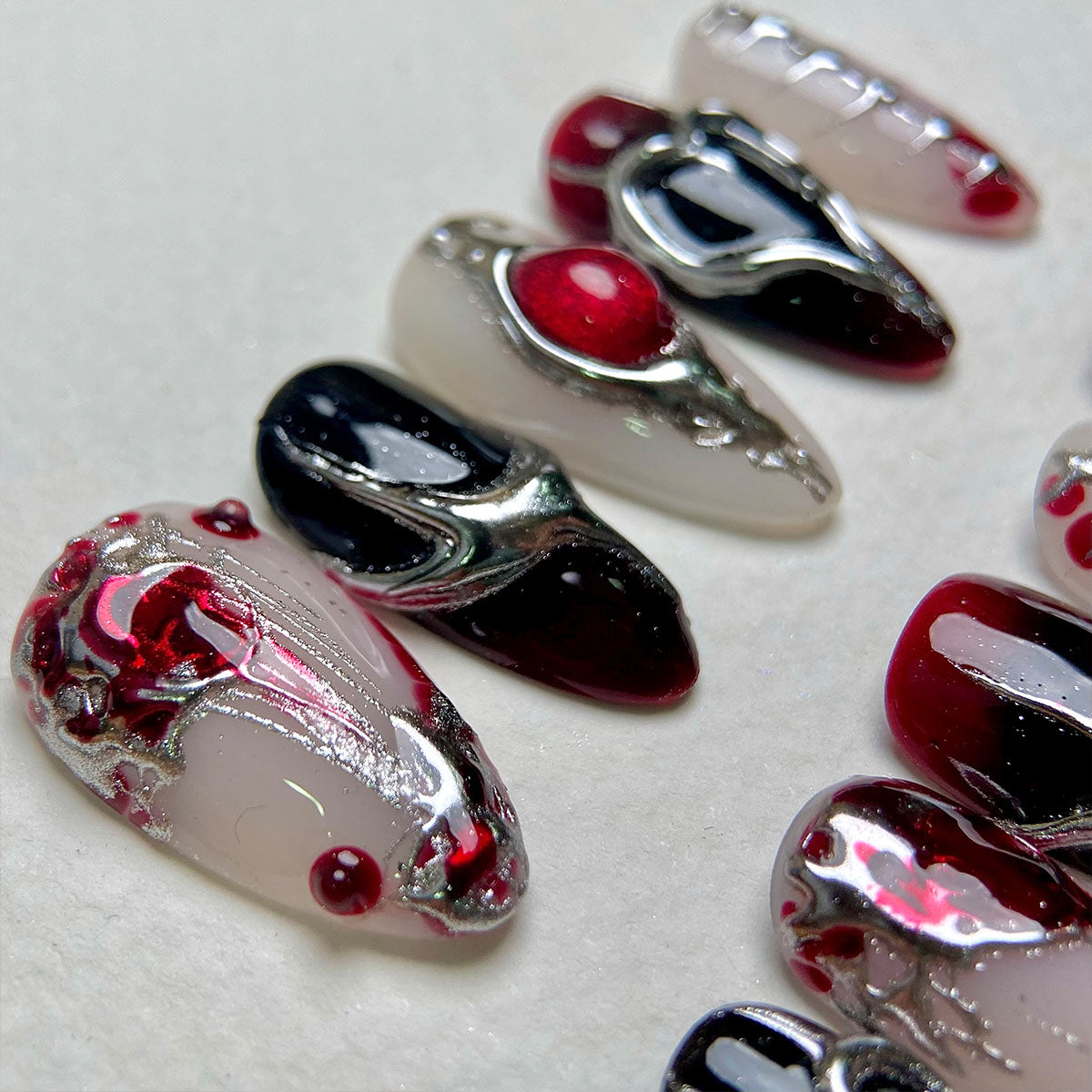Crimson Heart – Red Black Gothic Press-On Nails, Dark Metal Fake Nails