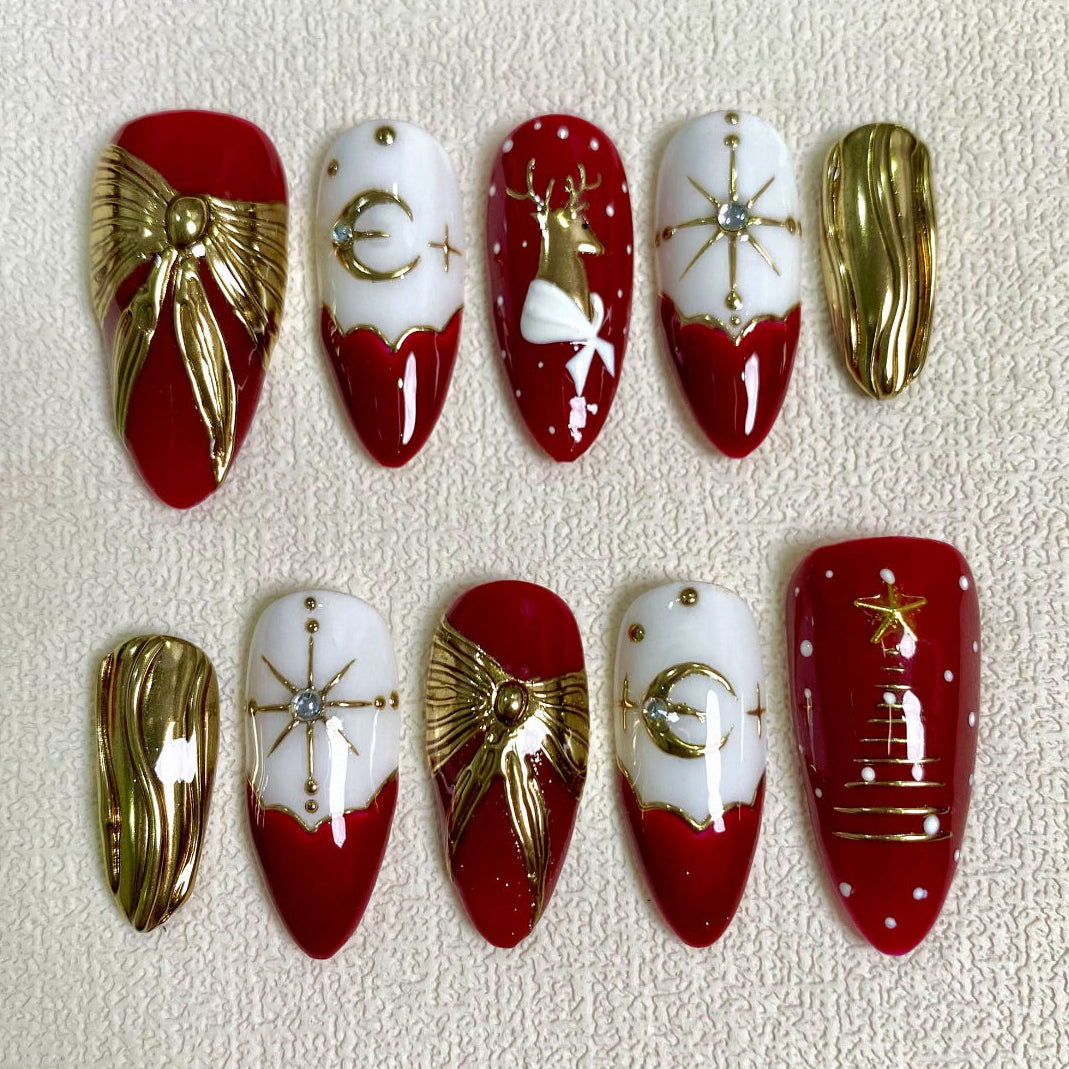 Red Christmas Press On Nails, Gold Chrome Red Xmas Goth Nails, Reindeer Ribbons Pine Tree Holiday Winter Party Nails