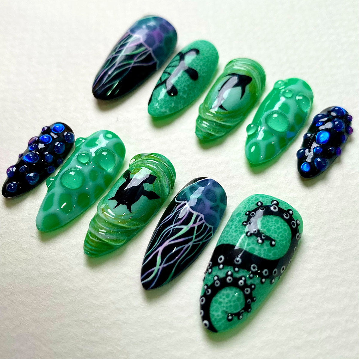 Abyss Jelly Green Press-On Nails – Neon Ocean Gothic Fake Nails