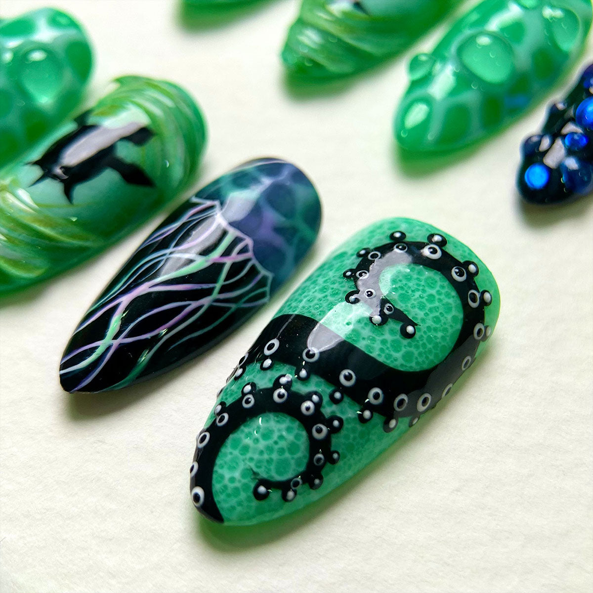 Abyss Jelly Green Press-On Nails – Neon Ocean Gothic Fake Nails