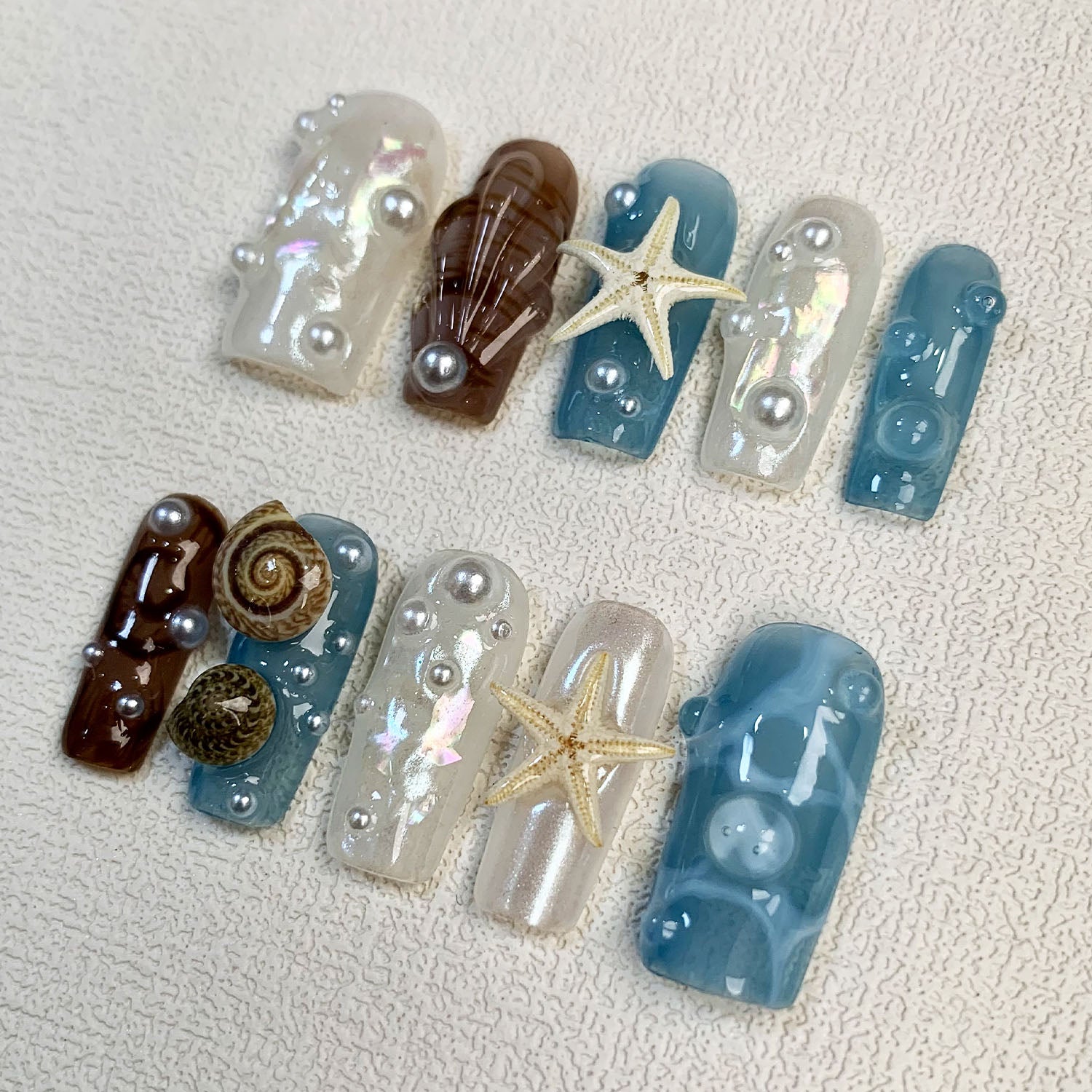 Beach Press On Nails, Starfish Snails Spring Summer Sea Vacation Press On Nails