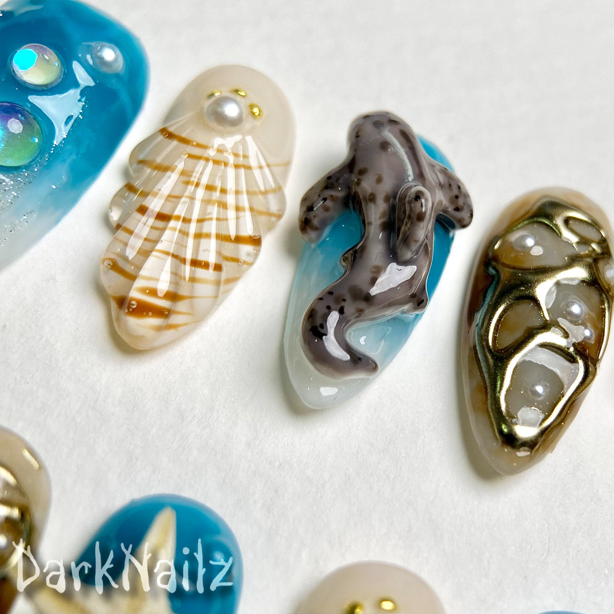 Ocean Blue Press-On Nails, 3D Shark Shell Gothic Fake Nails with Starfish