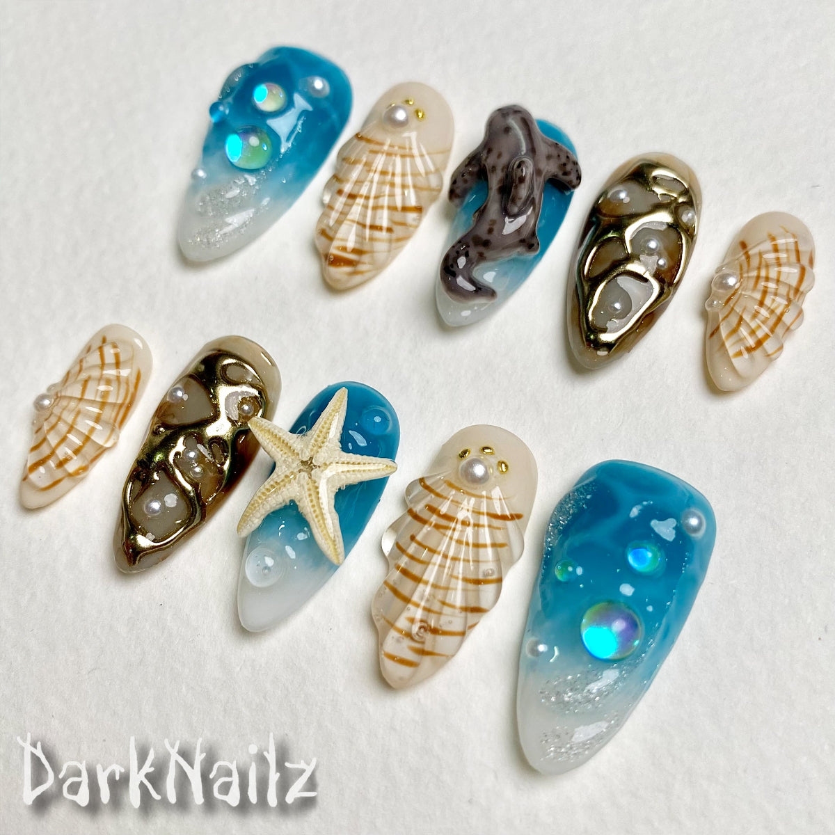 Ocean Blue Press-On Nails, 3D Shark Shell Gothic Fake Nails with Starfish