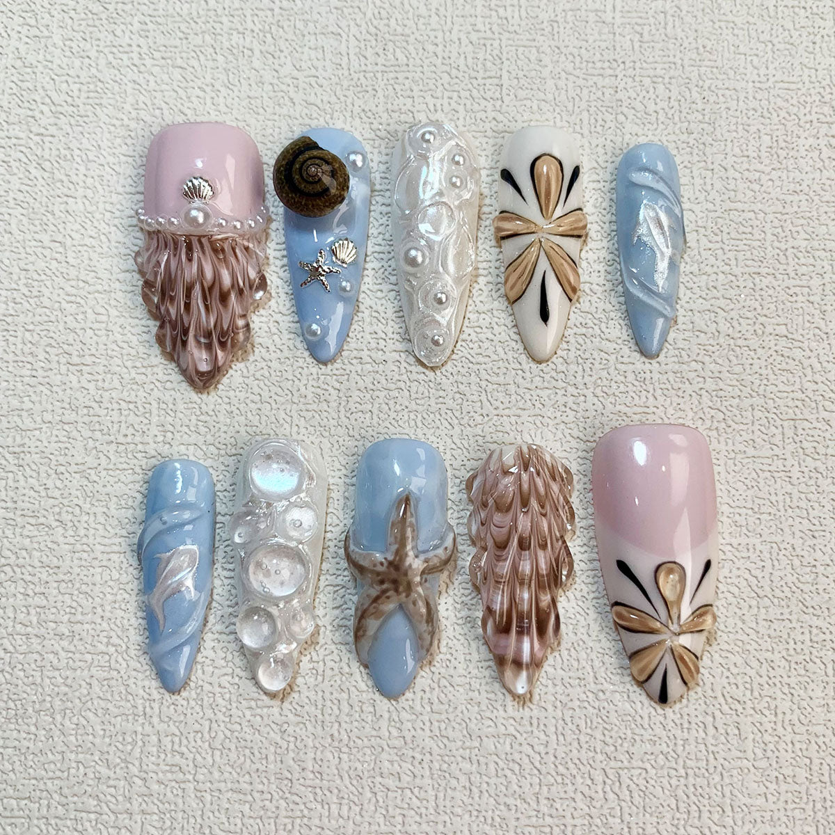 Pink Blue Sea Press On Nails, Starfish Snails Shells Spring Summer Sea Vacation Press On Nails