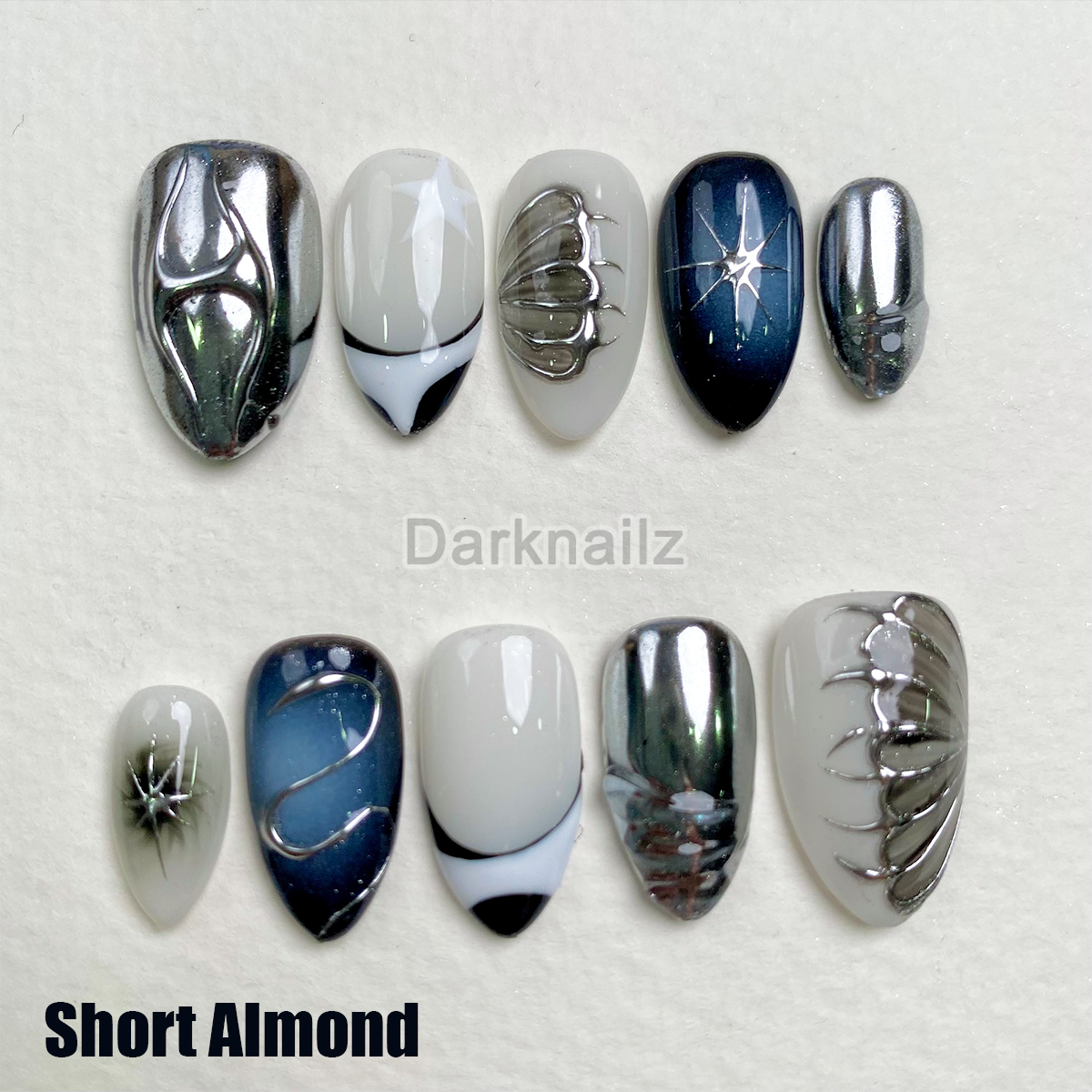 Silver Press On Nails, Gothic Punk Rock Nails, Goth White Y2K Press On Nails