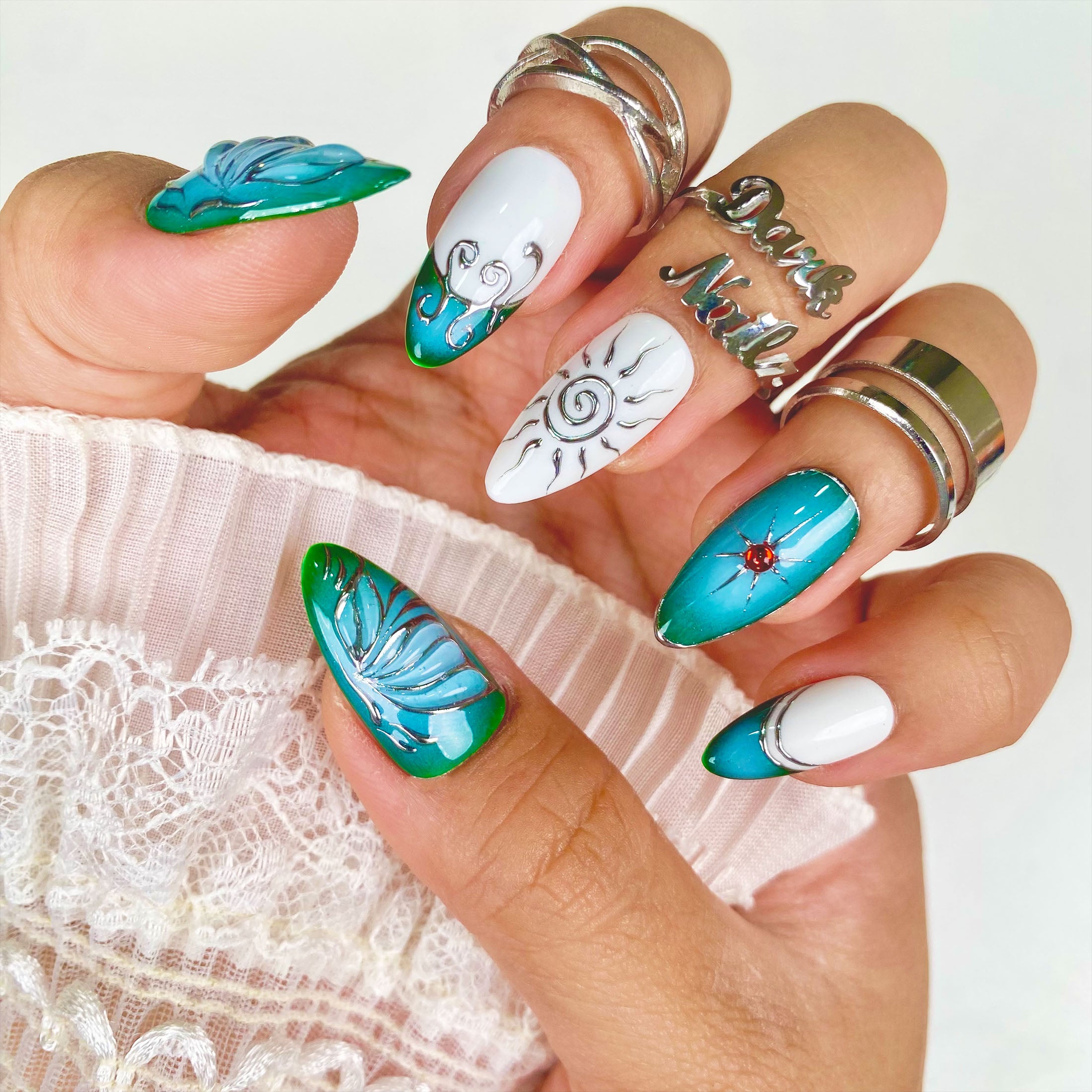 Handmade Vintage Green Butterfly, Sun and Moon Press On Nails | Darknailz