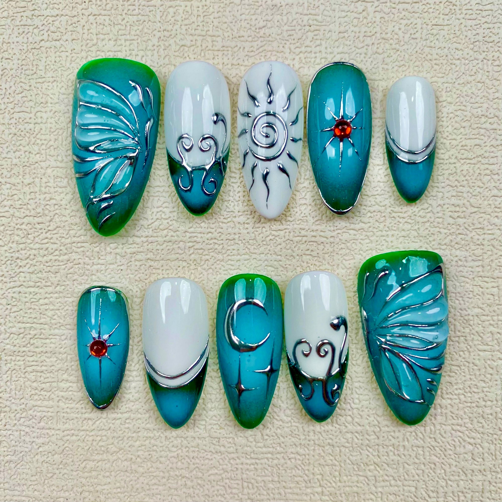 Handmade Vintage Green Butterfly, Sun and Moon Press On Nails | Darknailz