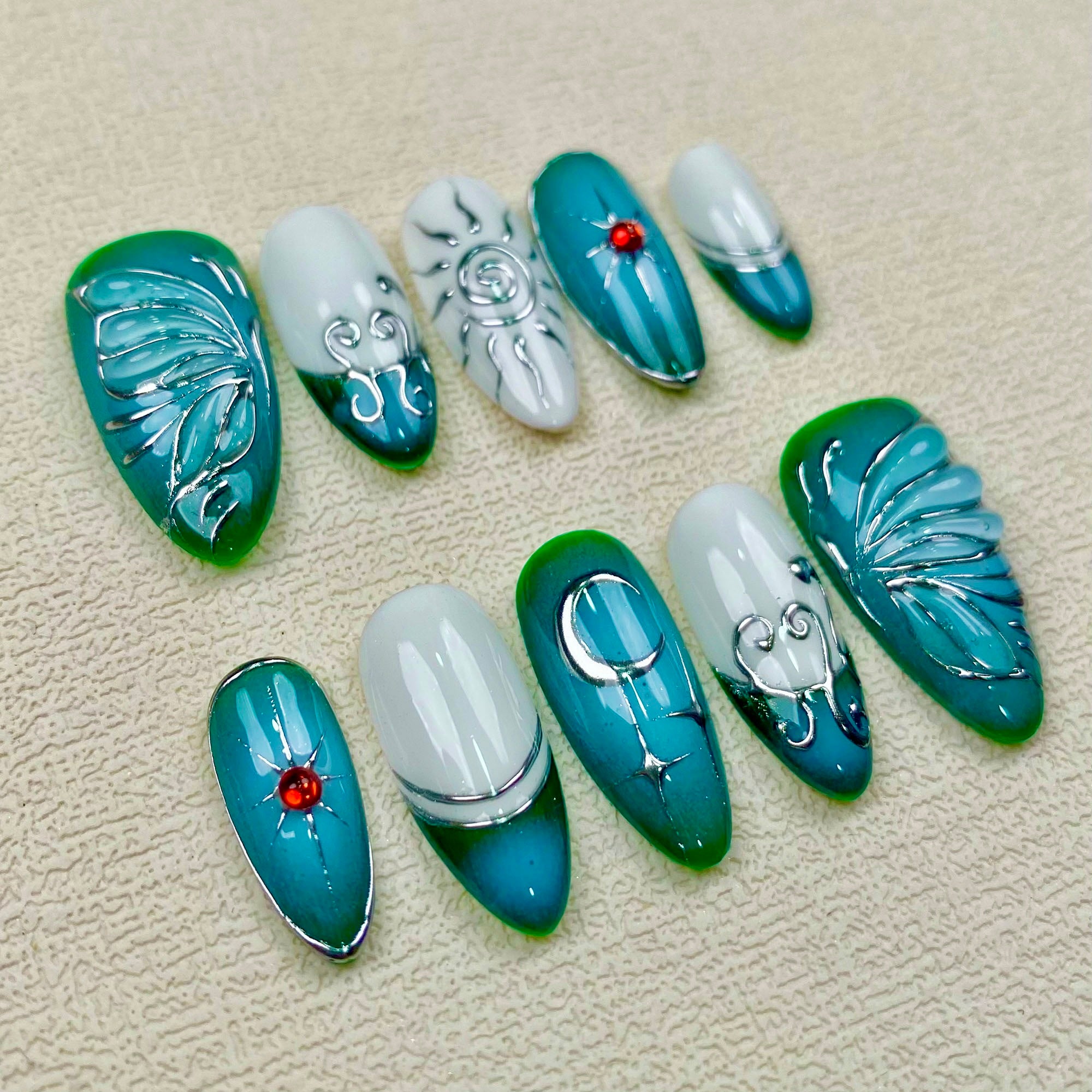 Handmade Vintage Green Butterfly, Sun and Moon Press On Nails | Darknailz