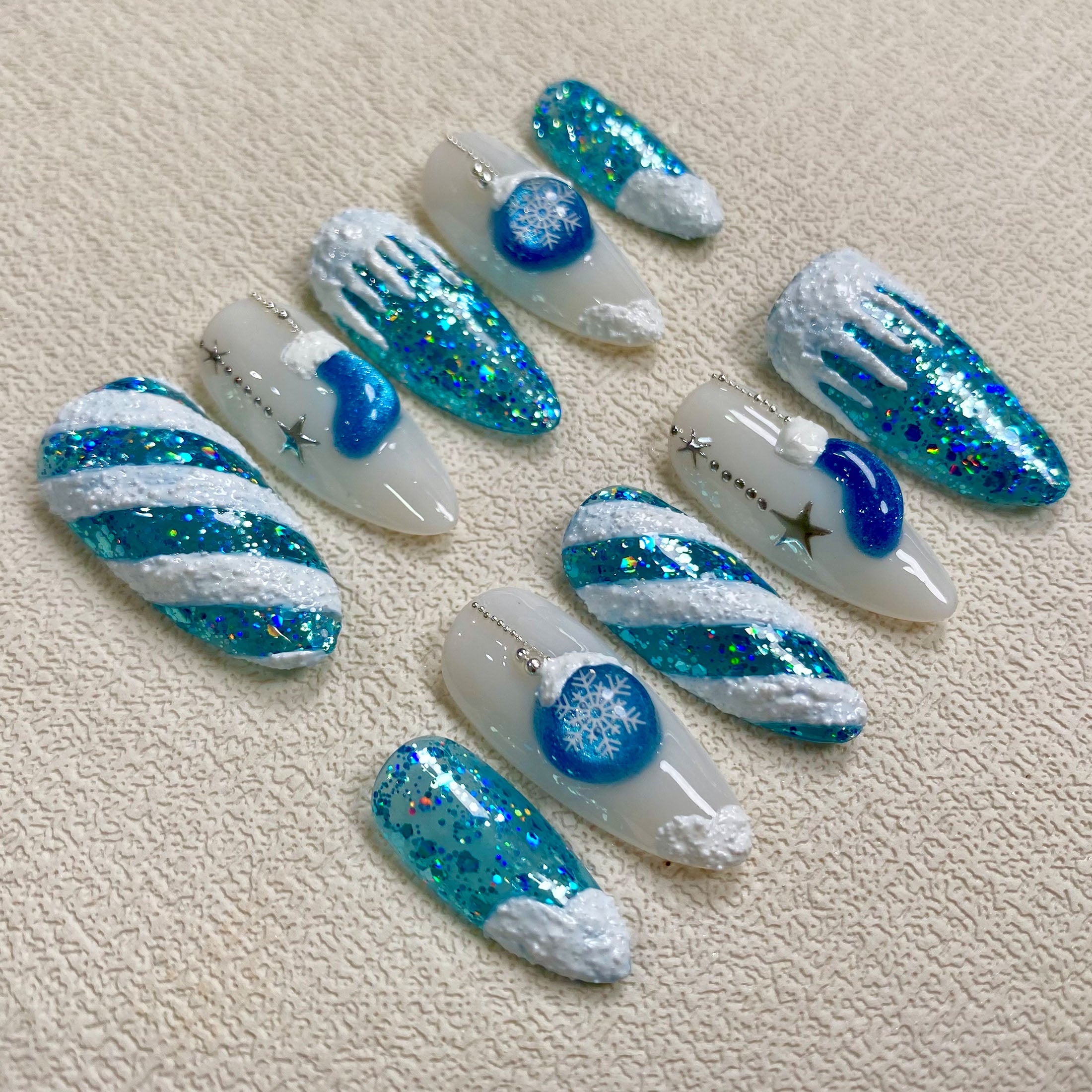 Cute Blue Christmas Press On Nails, White Snow Winter Xmas Nails, Stockings Holiday Winter Party Nails