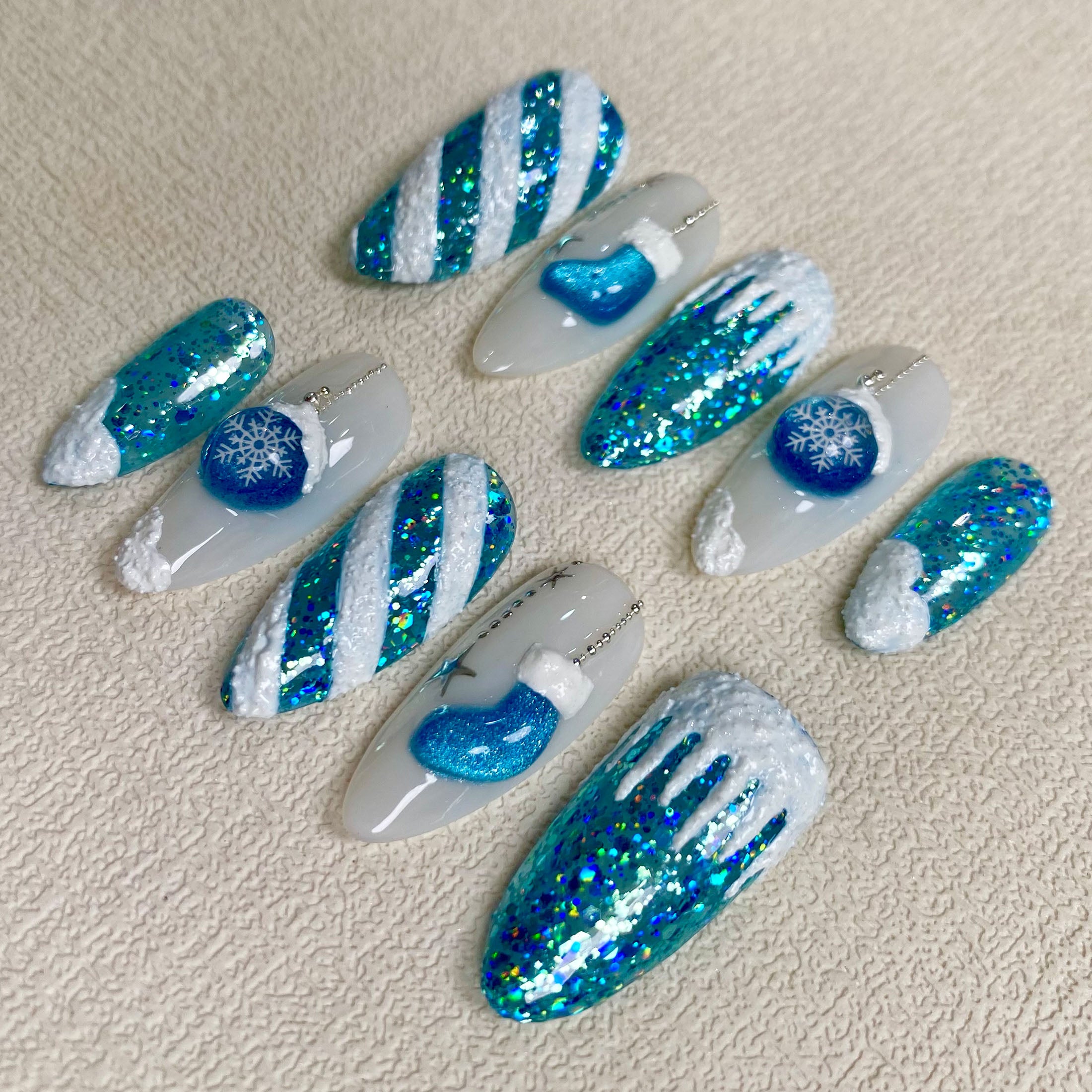 Cute Blue Christmas Press On Nails, White Snow Winter Xmas Nails, Stockings Holiday Winter Party Nails