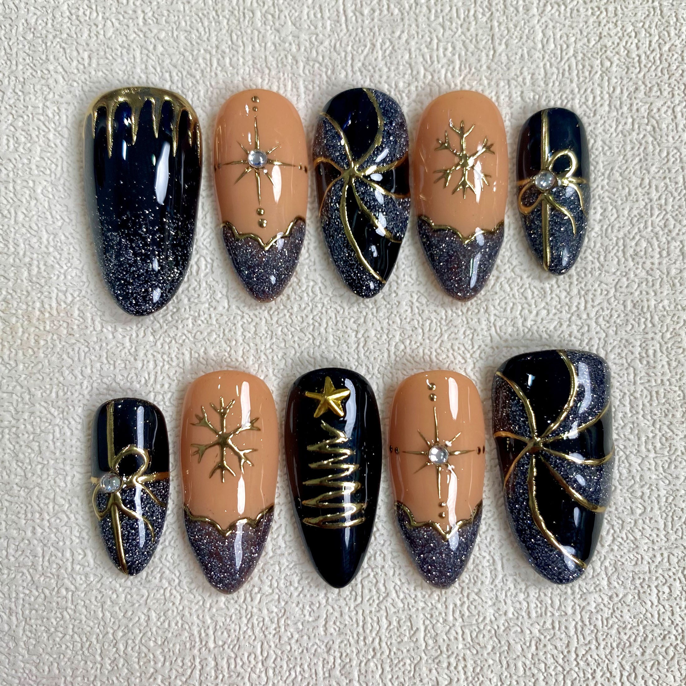 Dark Gothic Christmas Press On Nails, Gold Chrome Black Xmas Goth Nails, French Ribbons Pine Tree Holiday Winter Party Nails