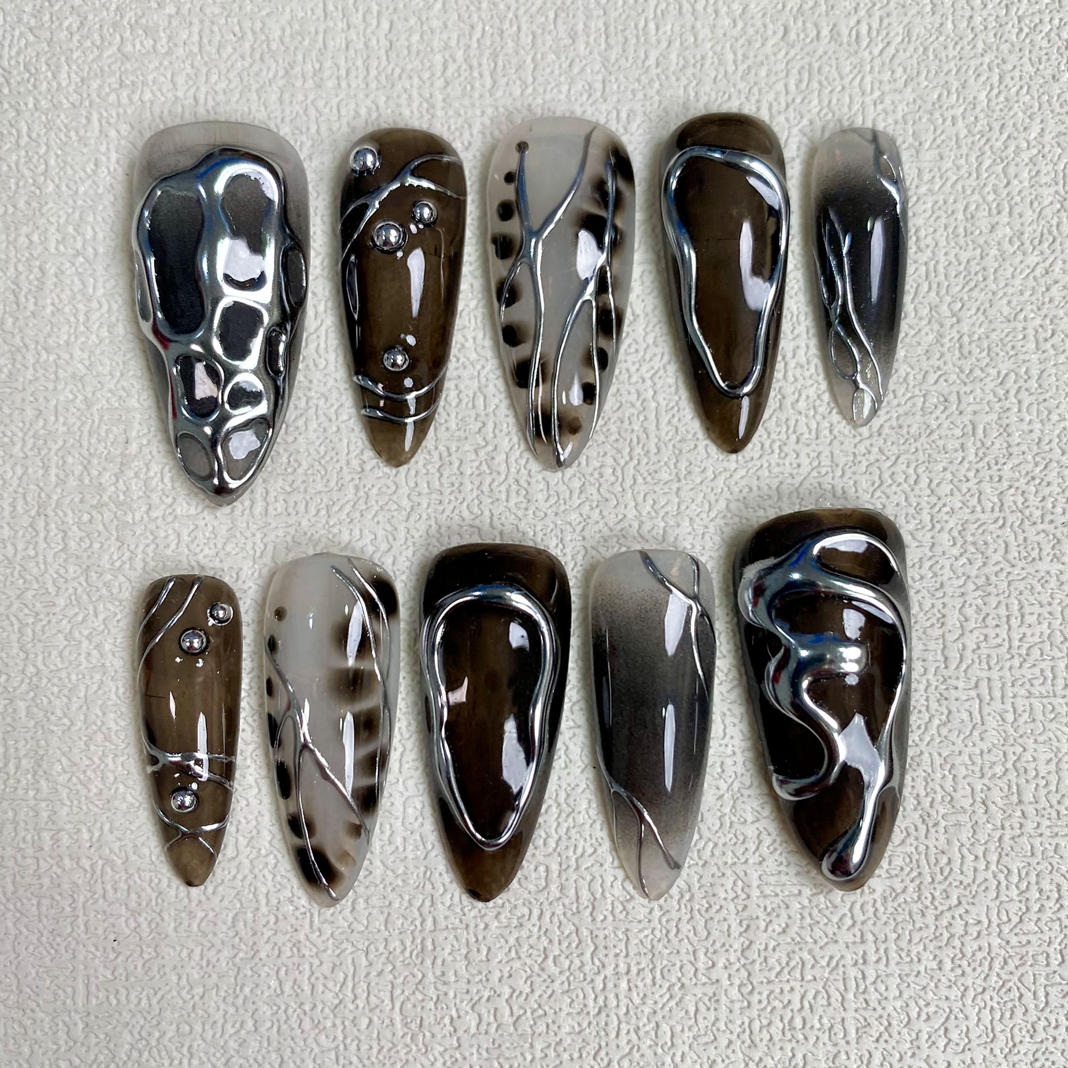 Custom Black Dark Press On Nails, Gothic Punk Rock Nails, Goth Y2K Silver Chrome Press On Nails