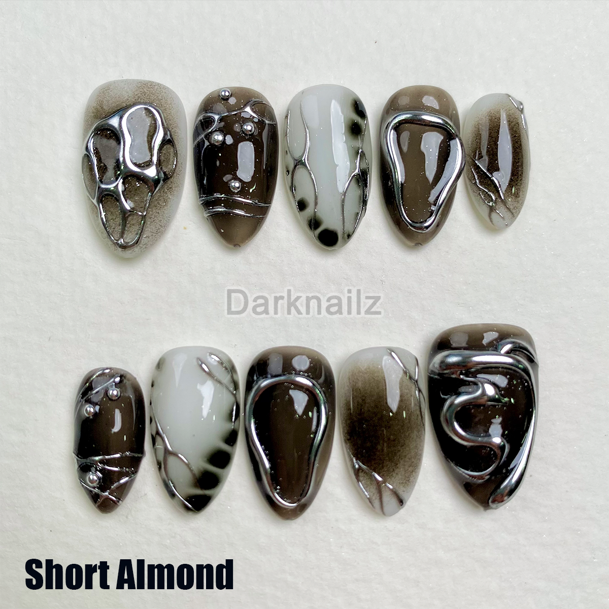 Custom Black Dark Press On Nails, Gothic Punk Rock Nails, Goth Y2K Silver Chrome Press On Nails