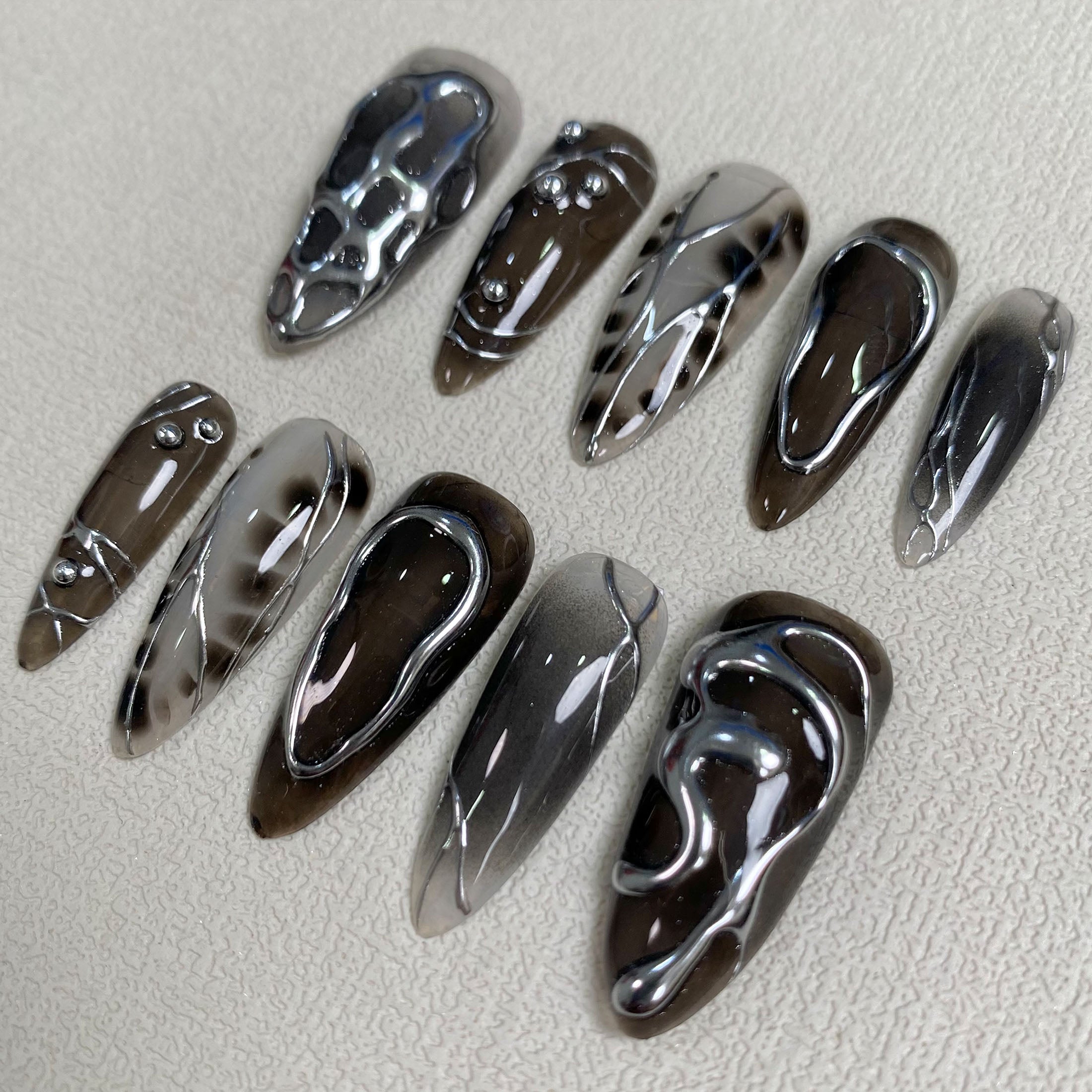 Custom Black Dark Press On Nails, Gothic Punk Rock Nails, Goth Y2K Silver Chrome Press On Nails