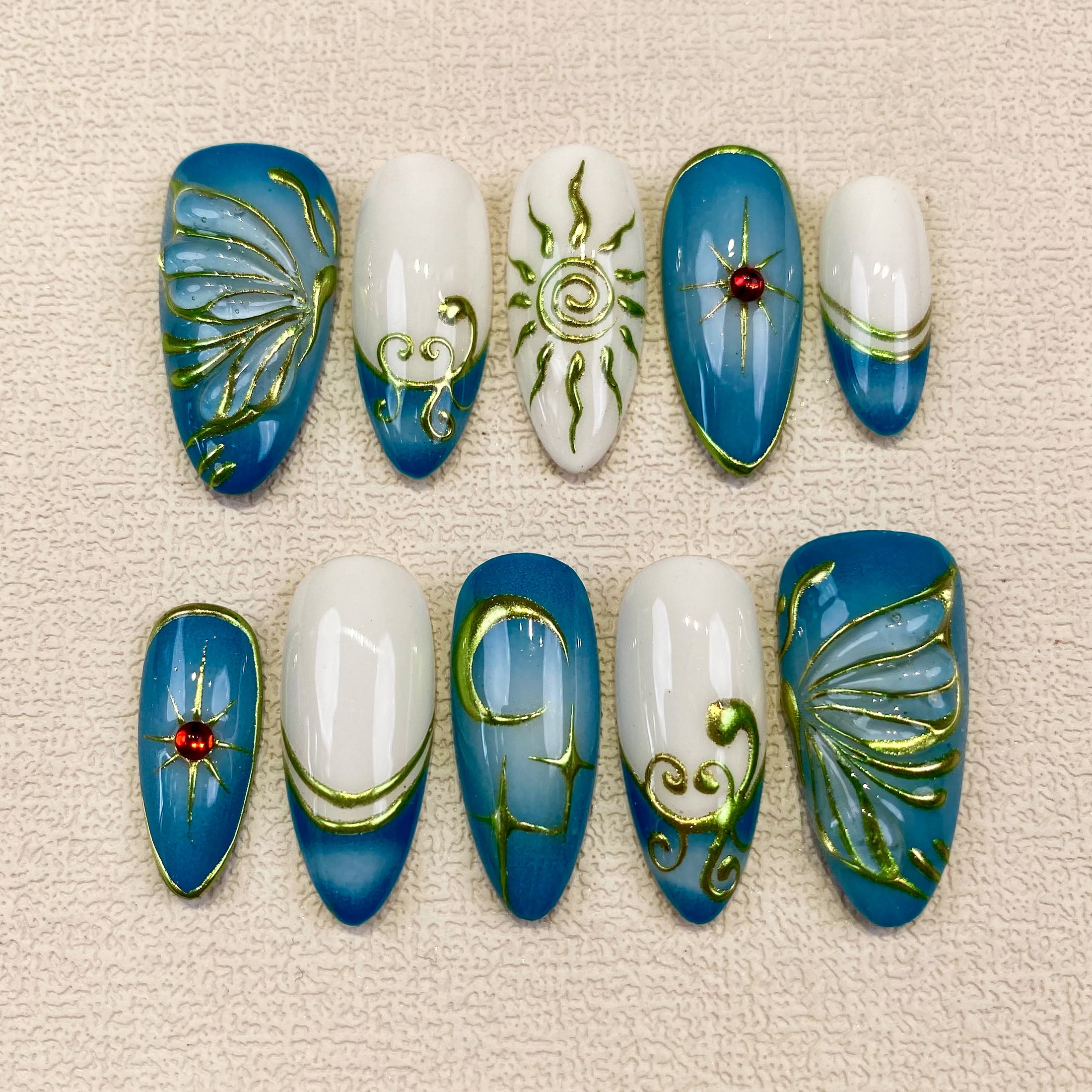 Handmade Vintage Blue Butterfly, Sun and Moon Press On Nails | Darknailz