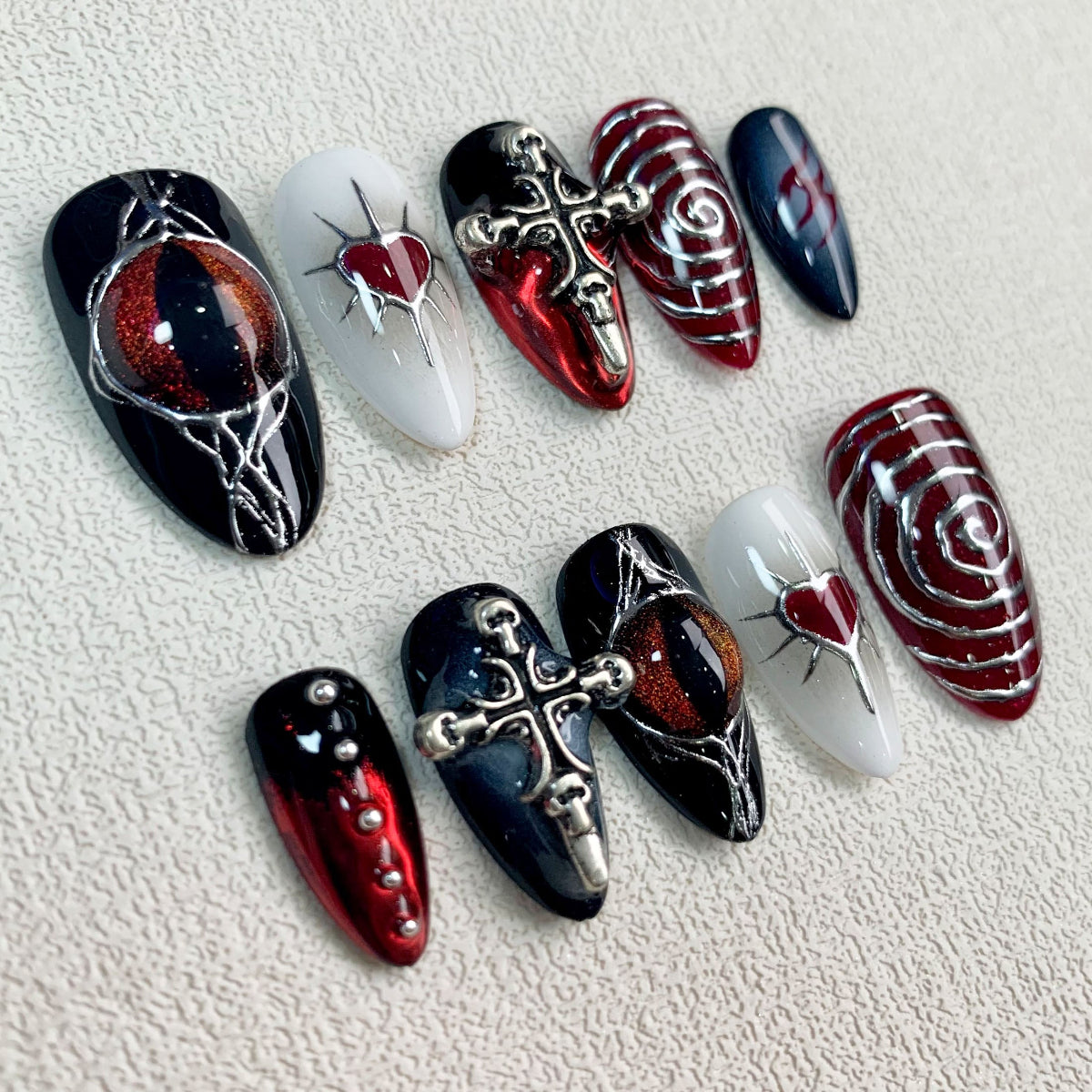 Dark Red Press On Nails, Gothic Punk Rock Hearts Crosses Nails, Goth Y2K Black Fake Nails