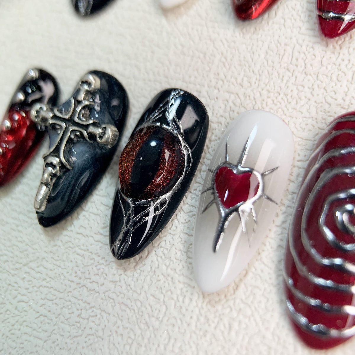 Dark Red Press On Nails, Gothic Punk Rock Hearts Crosses Nails, Goth Y2K Black Fake Nails