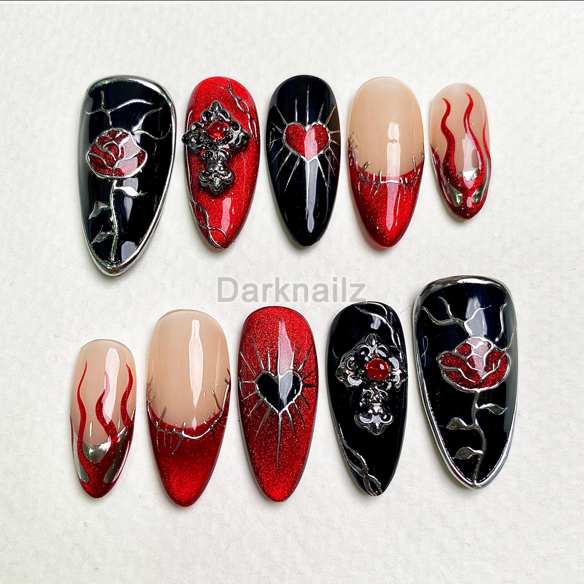Crimson Thorn Heart Press-On Nails – Red Roses & Black Gothic Fake Nails