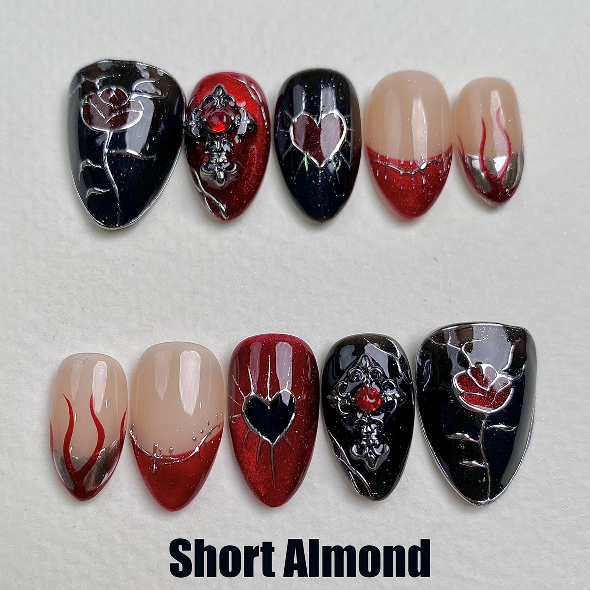 Crimson Thorn Heart Press-On Nails – Red Roses & Black Gothic Fake Nails
