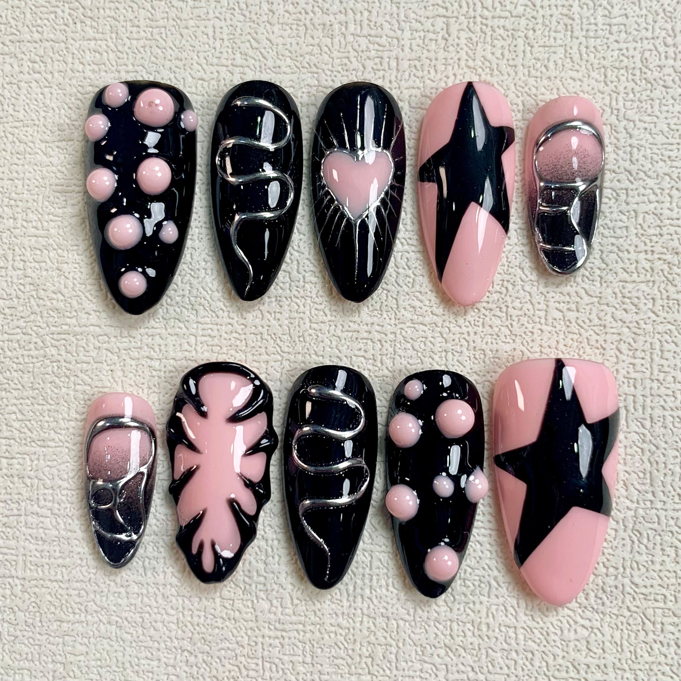 Custom Black Pink Press On Nails, Gothic Punk Tattoo Nails, Goth Y2K Stunning Stars Fake Nails | Darknailz