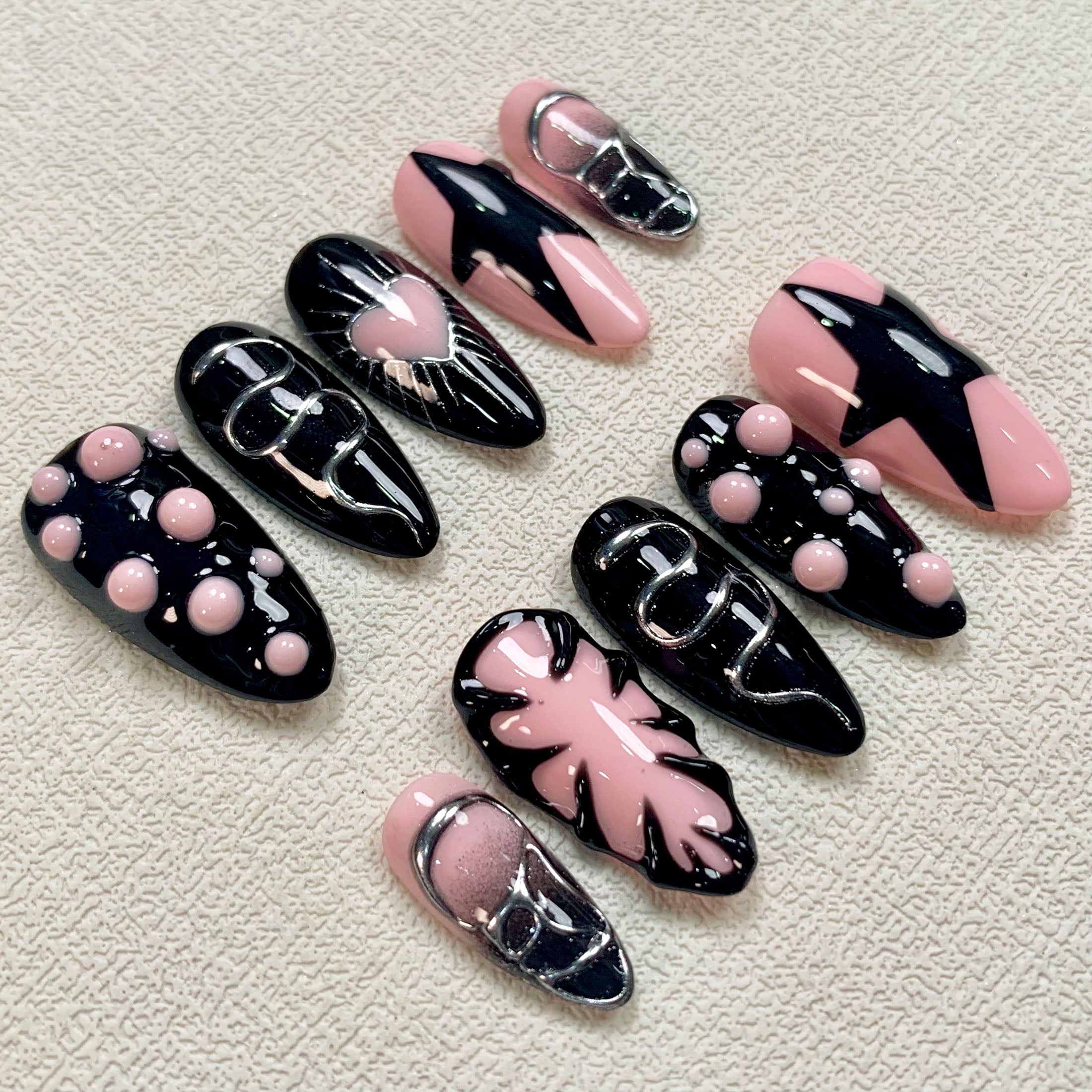 Custom Black Pink Press On Nails, Gothic Punk Tattoo Nails, Goth Y2K Stunning Stars Fake Nails | Darknailz