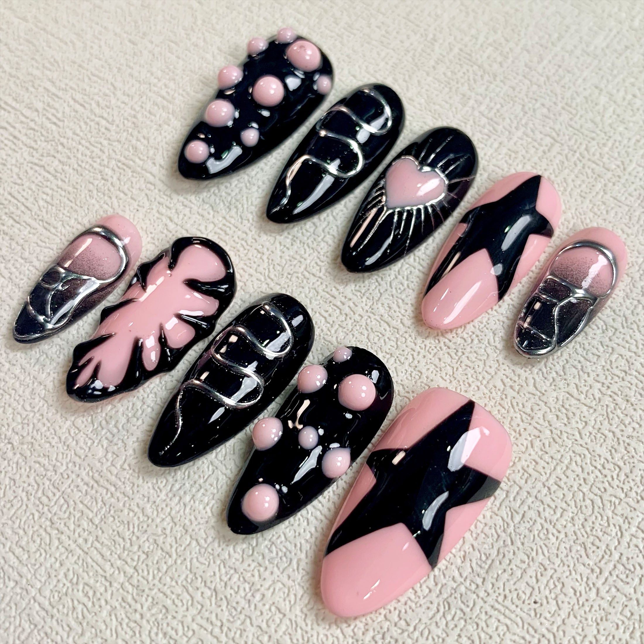 Custom Black Pink Press On Nails, Gothic Punk Tattoo Nails, Goth Y2K Stunning Stars Fake Nails | Darknailz