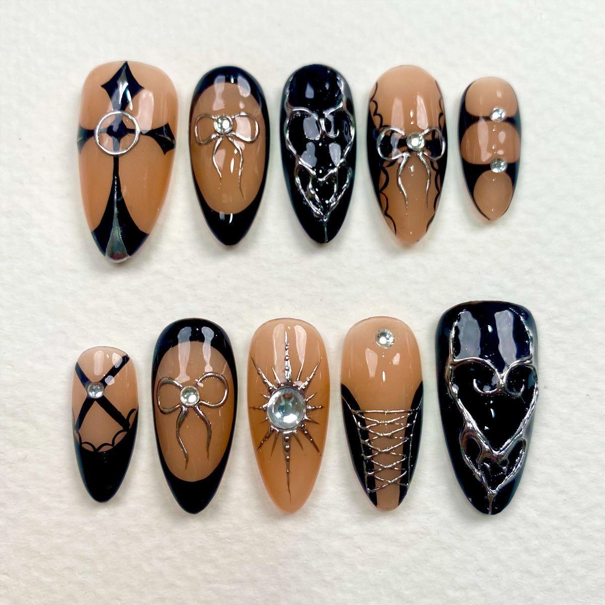 Dark Desire – Gothic Valentine Press-On Nails, Black Nude Punk Rock Fake Nails
