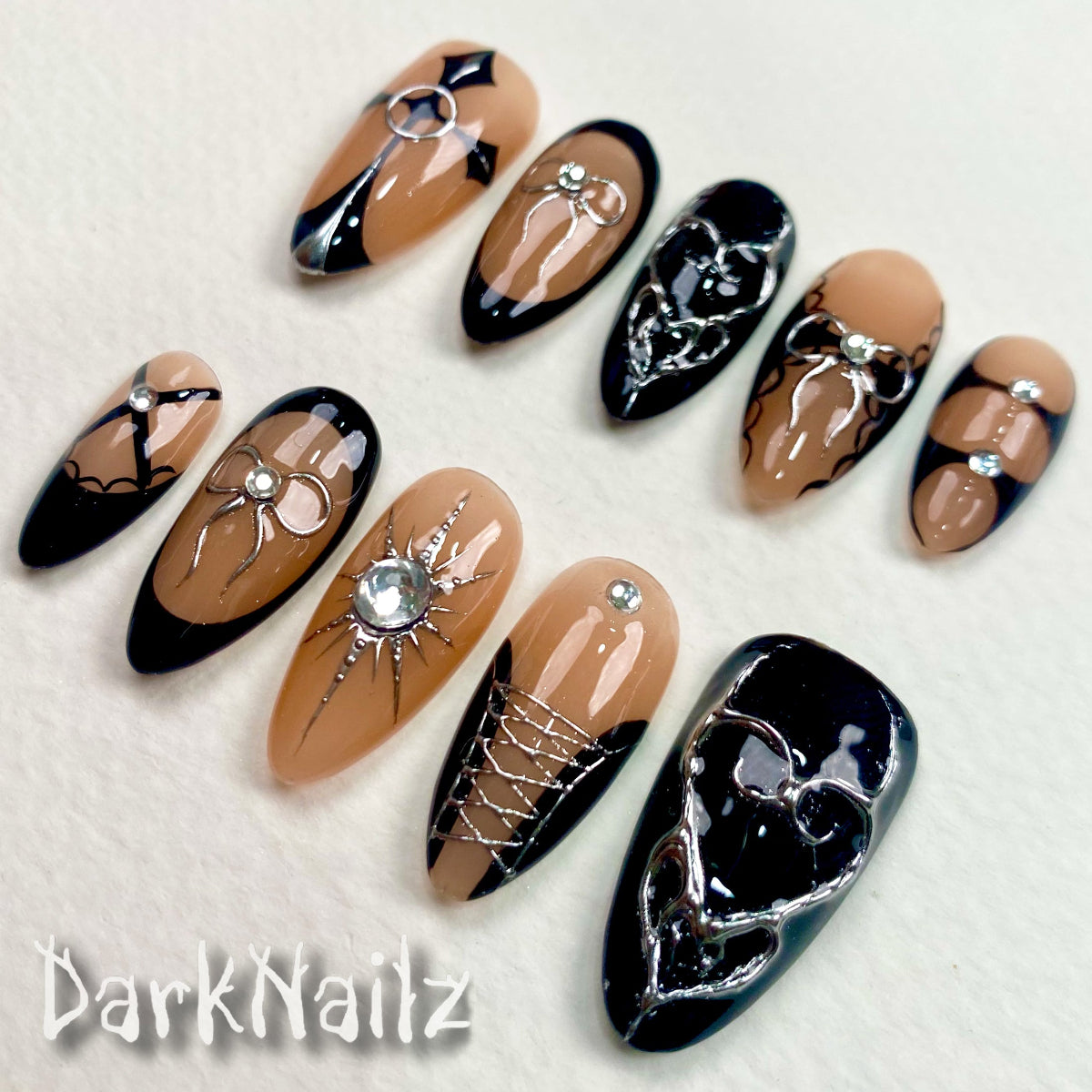 Dark Desire – Gothic Valentine Press-On Nails, Black Nude Punk Rock Fake Nails