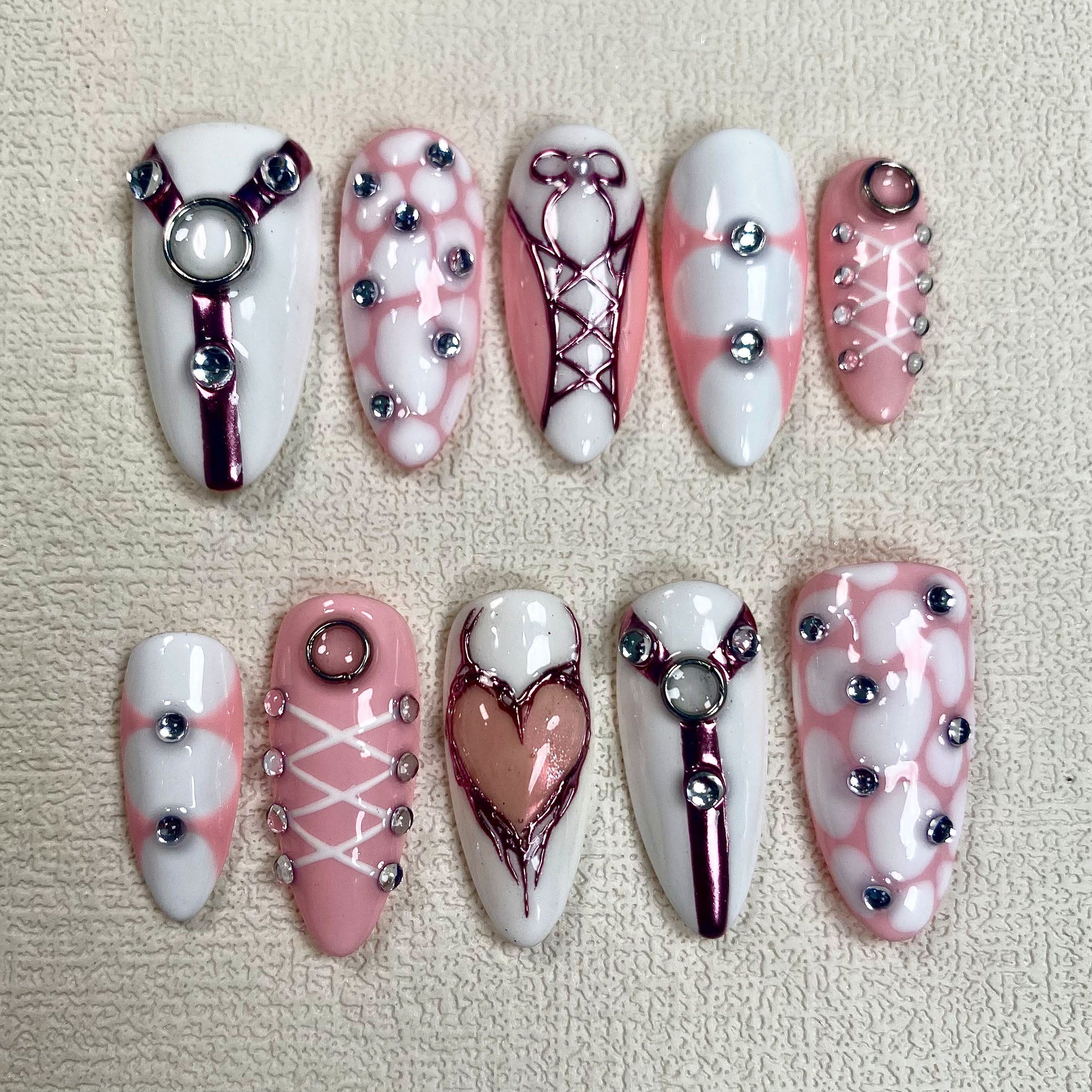 Custom Pink Valentine Press On Nails, Sexy Hot Lingerie On Nails, White Pink Y2K Stunning Hearts Fake Nails | Darknailz