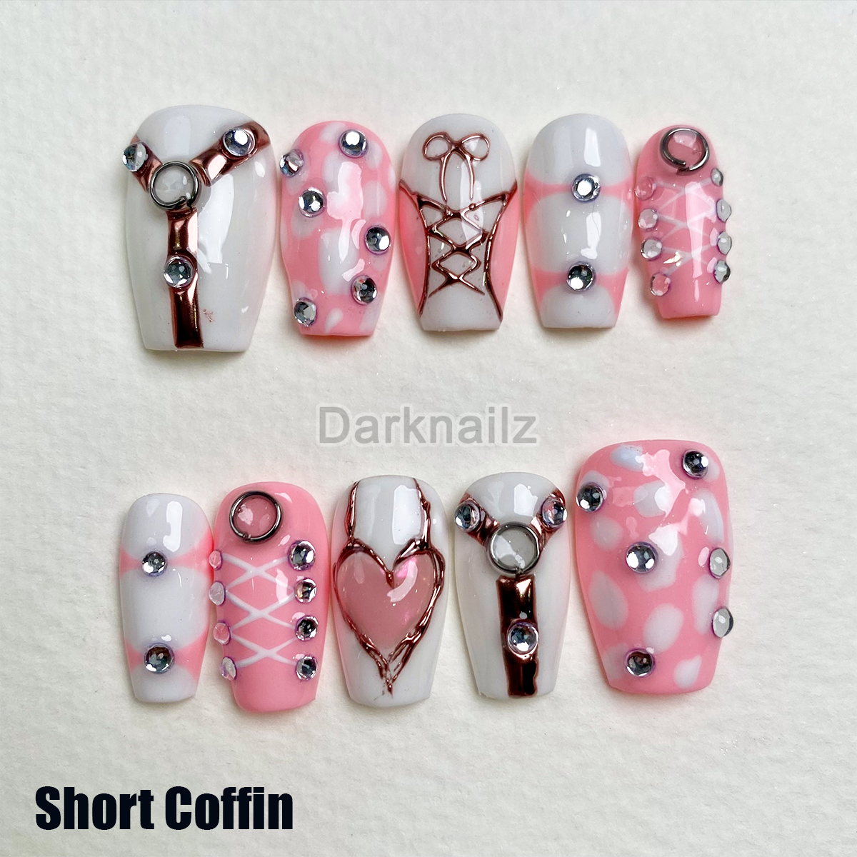 Custom Pink Valentine Press On Nails, Sexy Hot Lingerie On Nails, White Pink Y2K Stunning Hearts Fake Nails | Darknailz