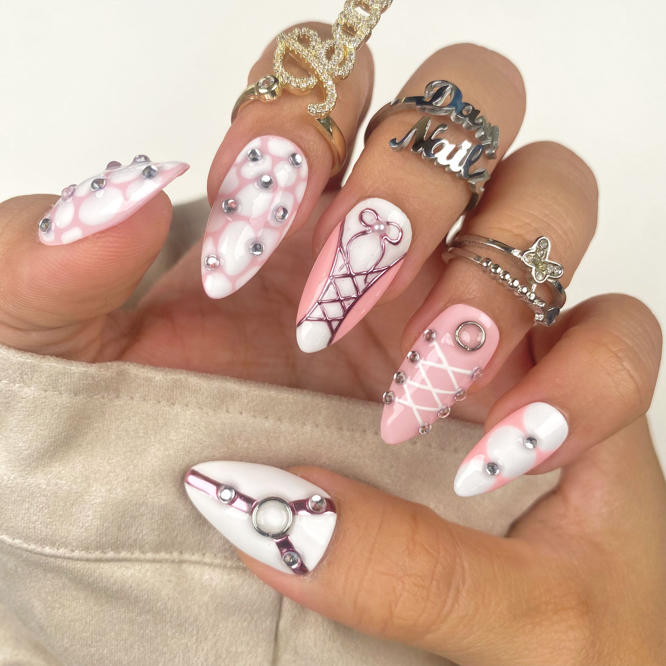 Custom Pink Valentine Press On Nails, Sexy Hot Lingerie On Nails, White Pink Y2K Stunning Hearts Fake Nails | Darknailz