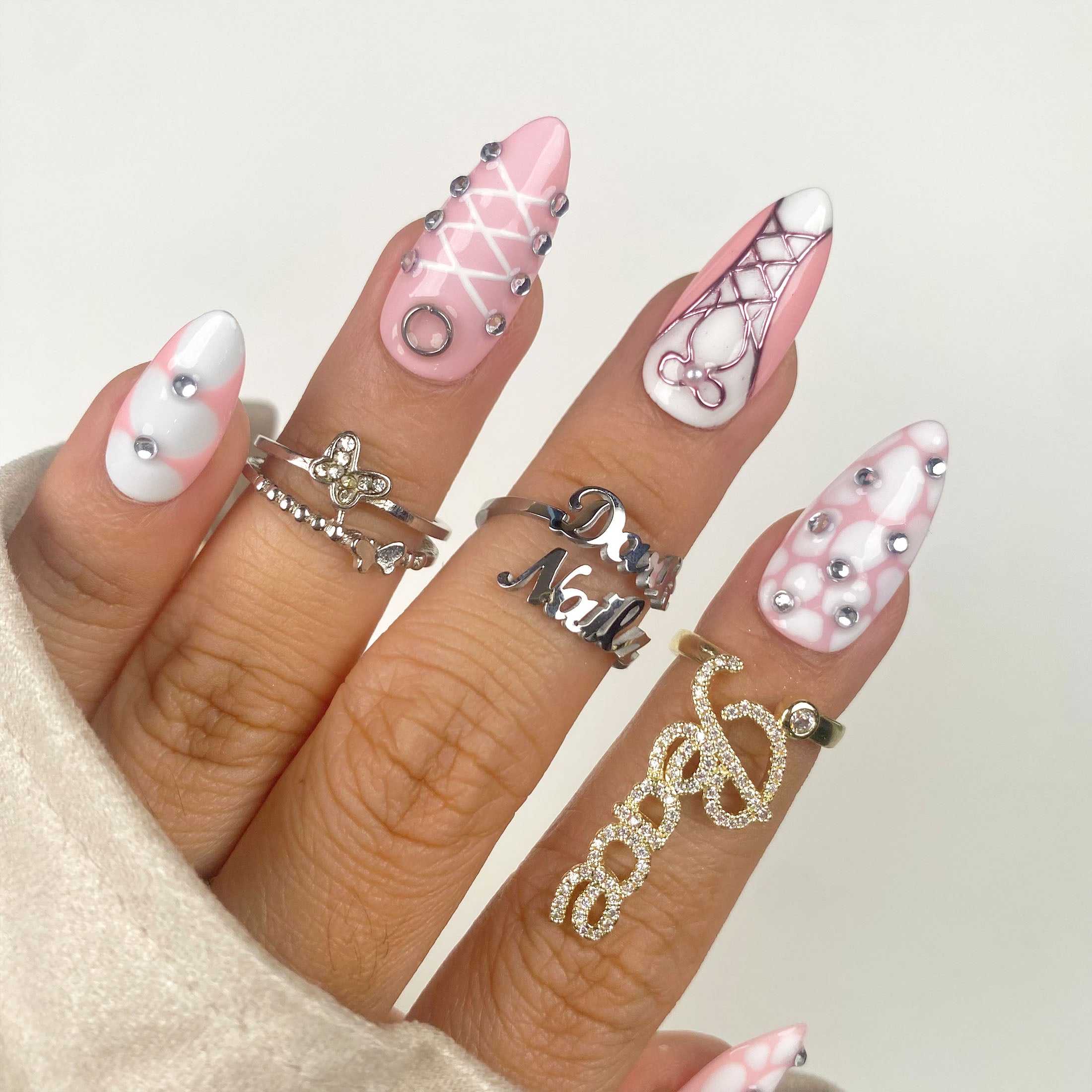 Custom Pink Valentine Press On Nails, Sexy Hot Lingerie On Nails, White Pink Y2K Stunning Hearts Fake Nails | Darknailz