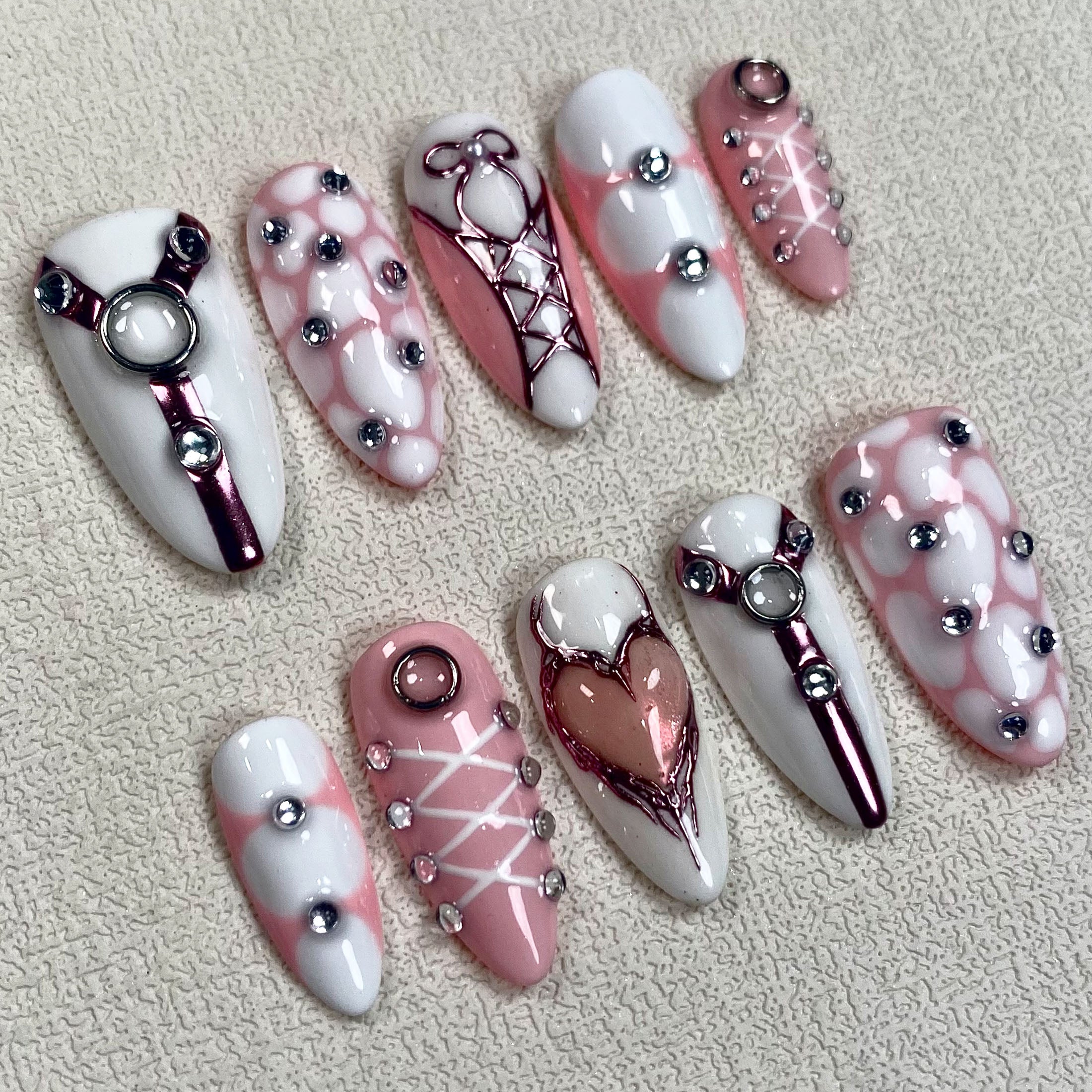 Custom Pink Valentine Press On Nails, Sexy Hot Lingerie On Nails, White Pink Y2K Stunning Hearts Fake Nails | Darknailz