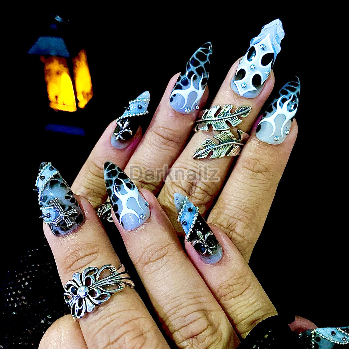White Cross – Black Grey Press-On Nails, Gothic Fake Nails with Cross, Chain and Stud Details