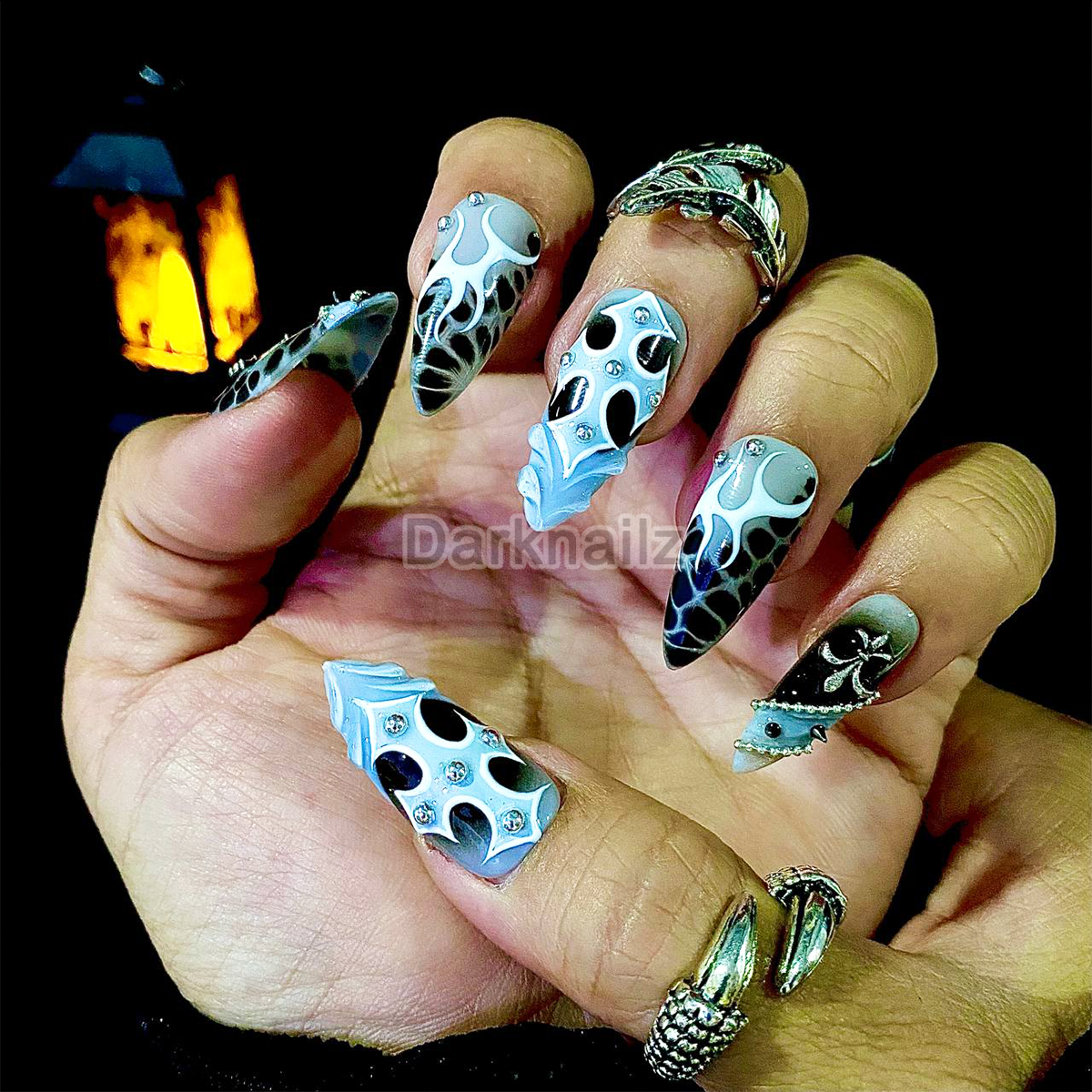 White Cross – Black Grey Press-On Nails, Gothic Fake Nails with Cross, Chain and Stud Details