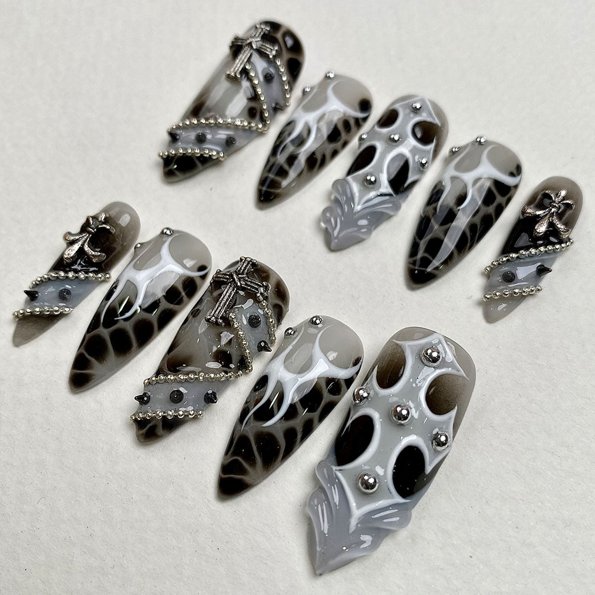 White Cross – Black Grey Press-On Nails, Gothic Fake Nails with Cross, Chain and Stud Details