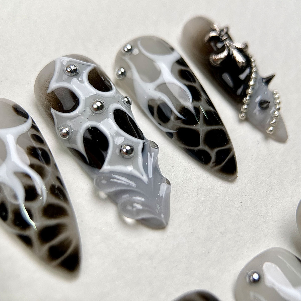 White Cross – Black Grey Press-On Nails, Gothic Fake Nails with Cross, Chain and Stud Details