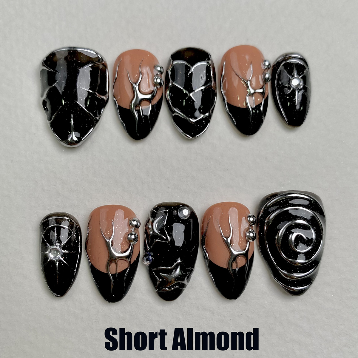 Black Press On Nails, Gothic Punk Rock Nails, Goth Silver Mirror Effect With Nude French DarkNailz