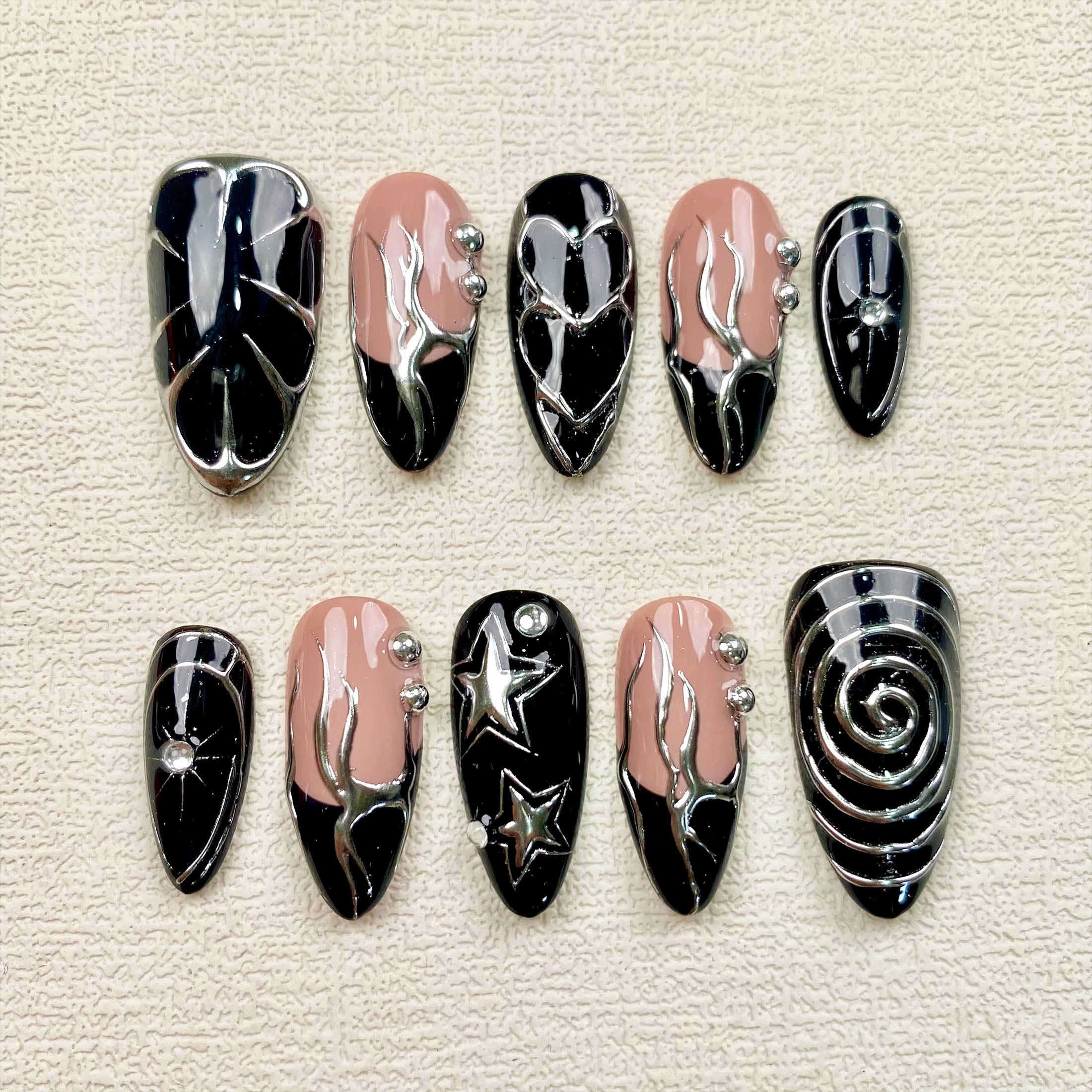 Black Press On Nails, Gothic Punk Rock Nails, Goth Silver Mirror Effect With Nude French DarkNailz