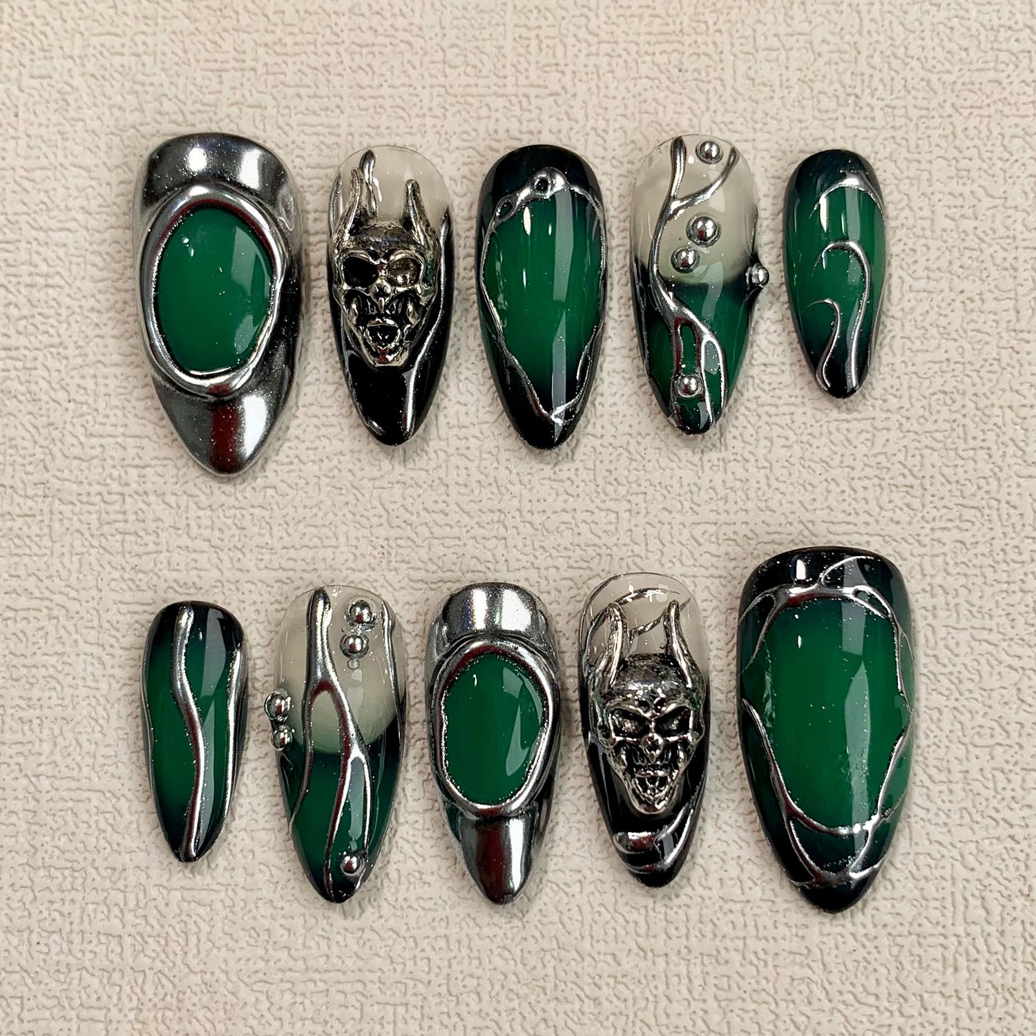 Green Skull Press On Nails, Gothic Punk Rock Skeleton Nails, Goth Y2K Dark Black Fake Nails - Darknailz