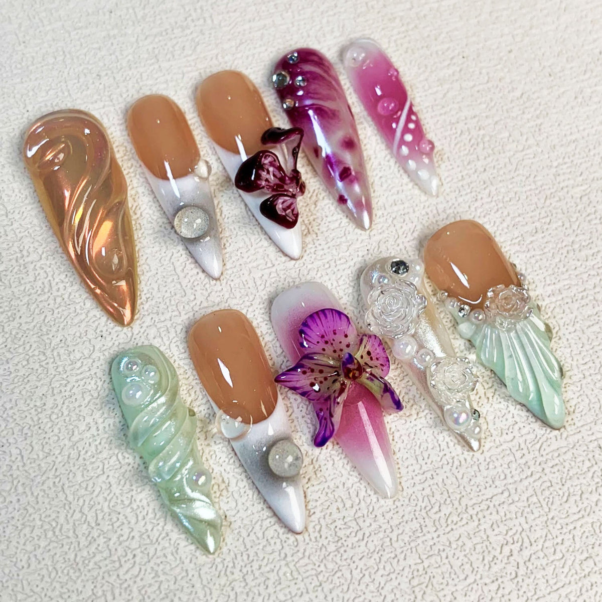 Orchids Press On Nails, Light Trending Flowers Press On Nails