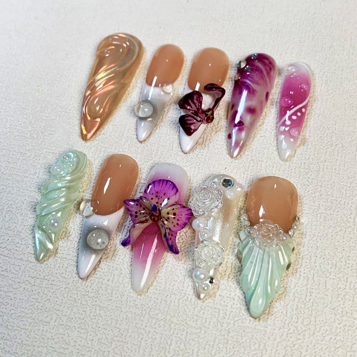 Orchids Press On Nails, Light Trending Flowers Press On Nails