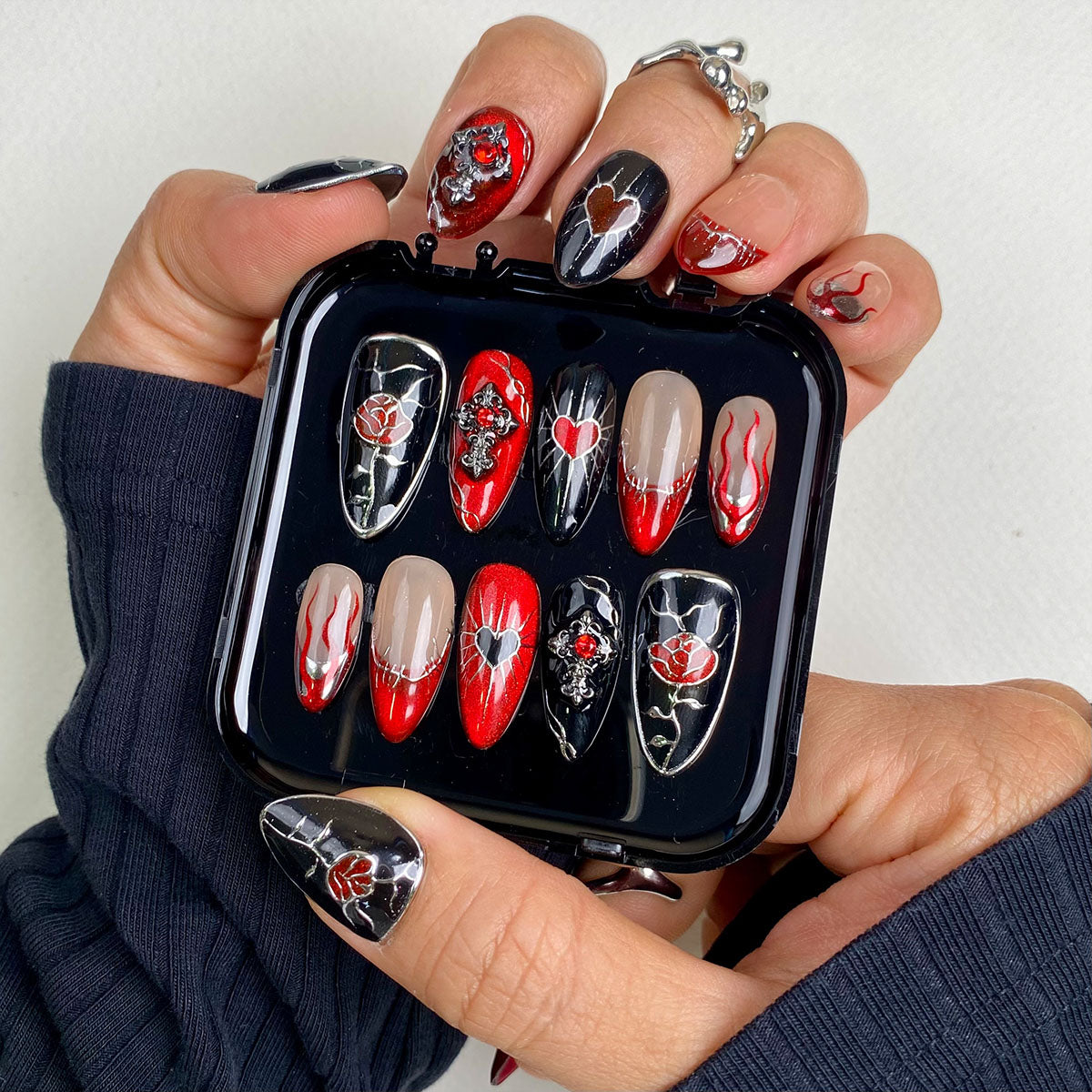 Crimson Thorn Heart Press-On Nails – Red Roses & Black Gothic Fake Nails