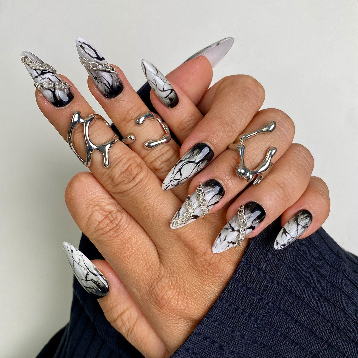 Phantom Marble Gothic Press-On Nails – Black White Smoke Fake Nails
