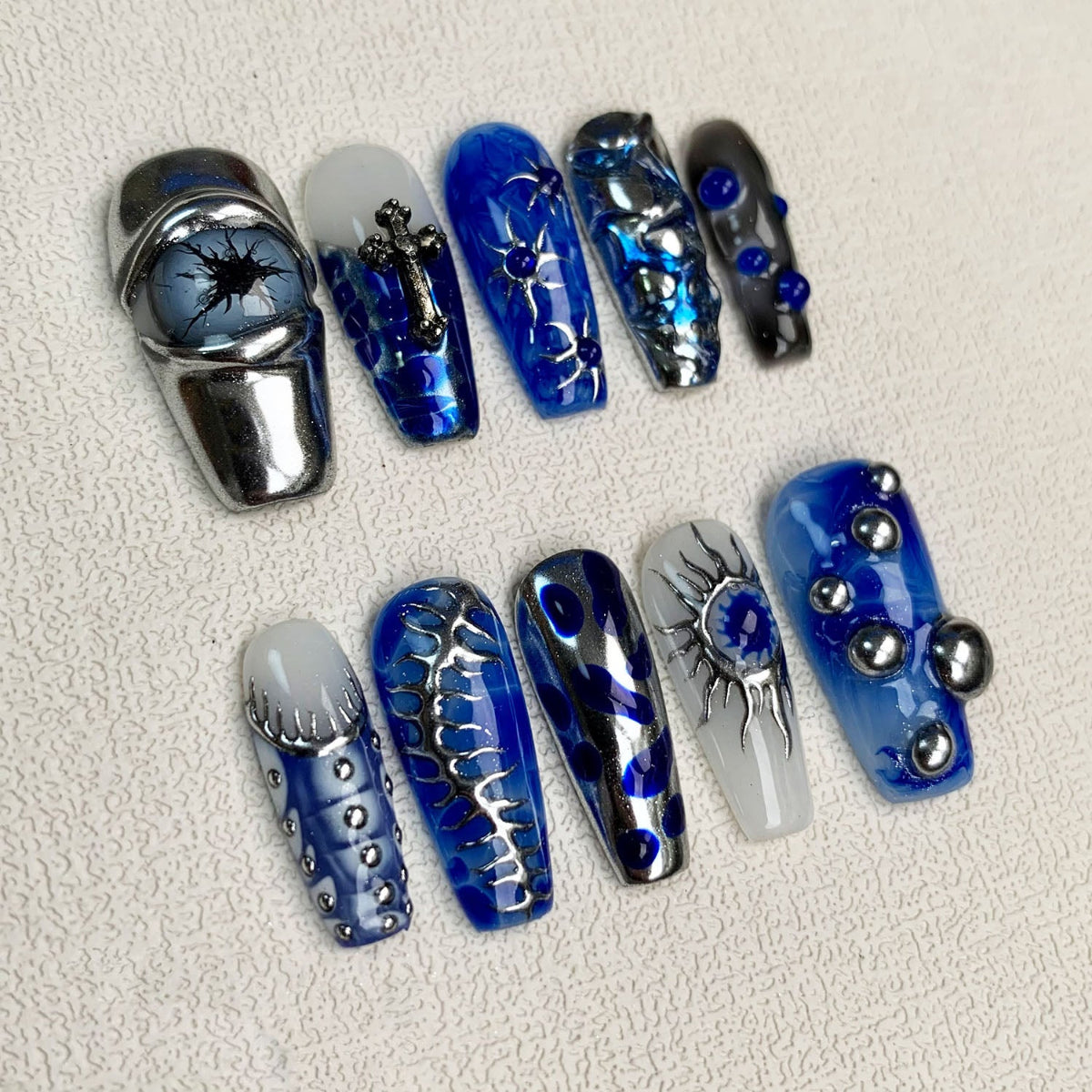 Blue Press On Nails, Dark Gothic Punk Y2K Press On Nails