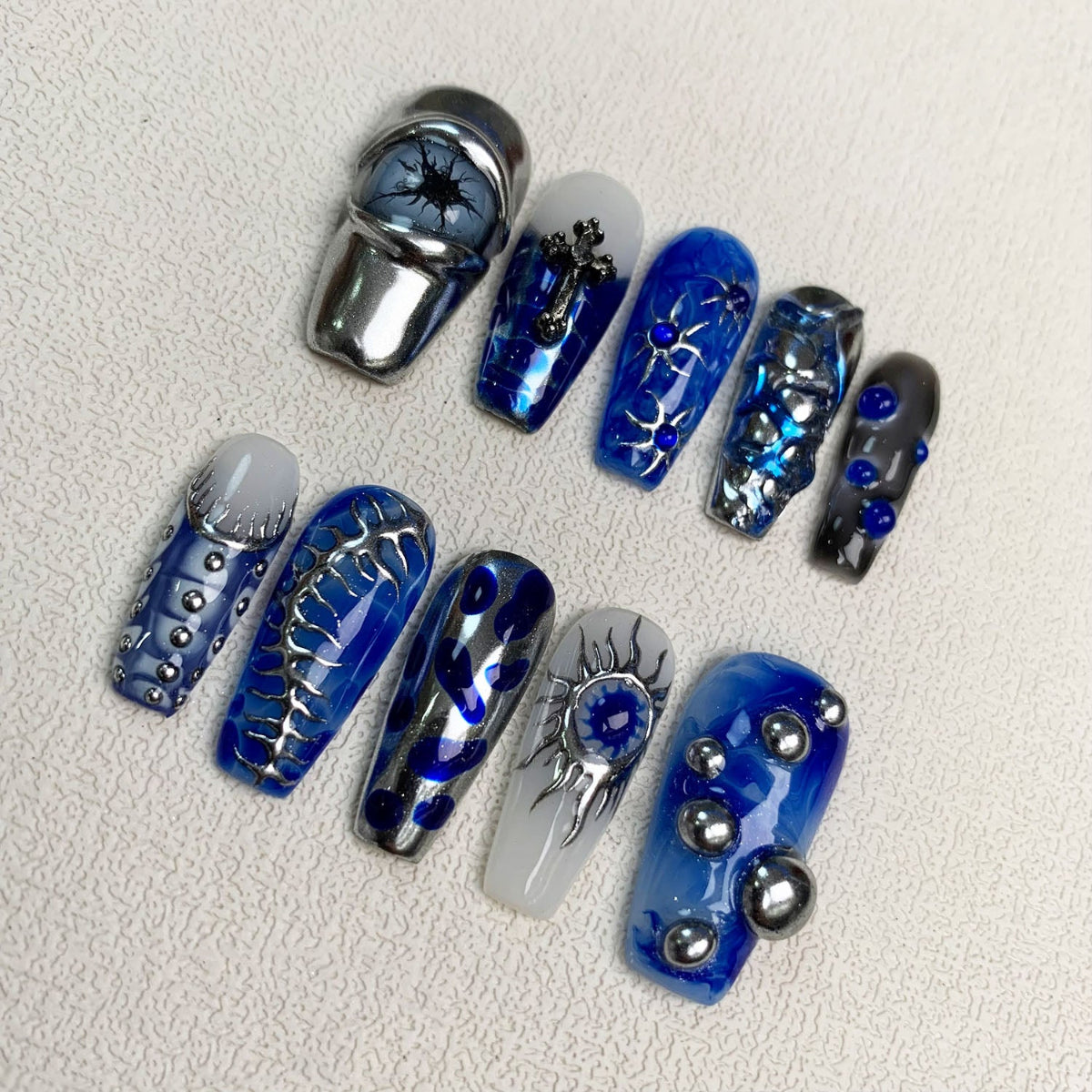 Blue Press On Nails, Dark Gothic Punk Y2K Press On Nails