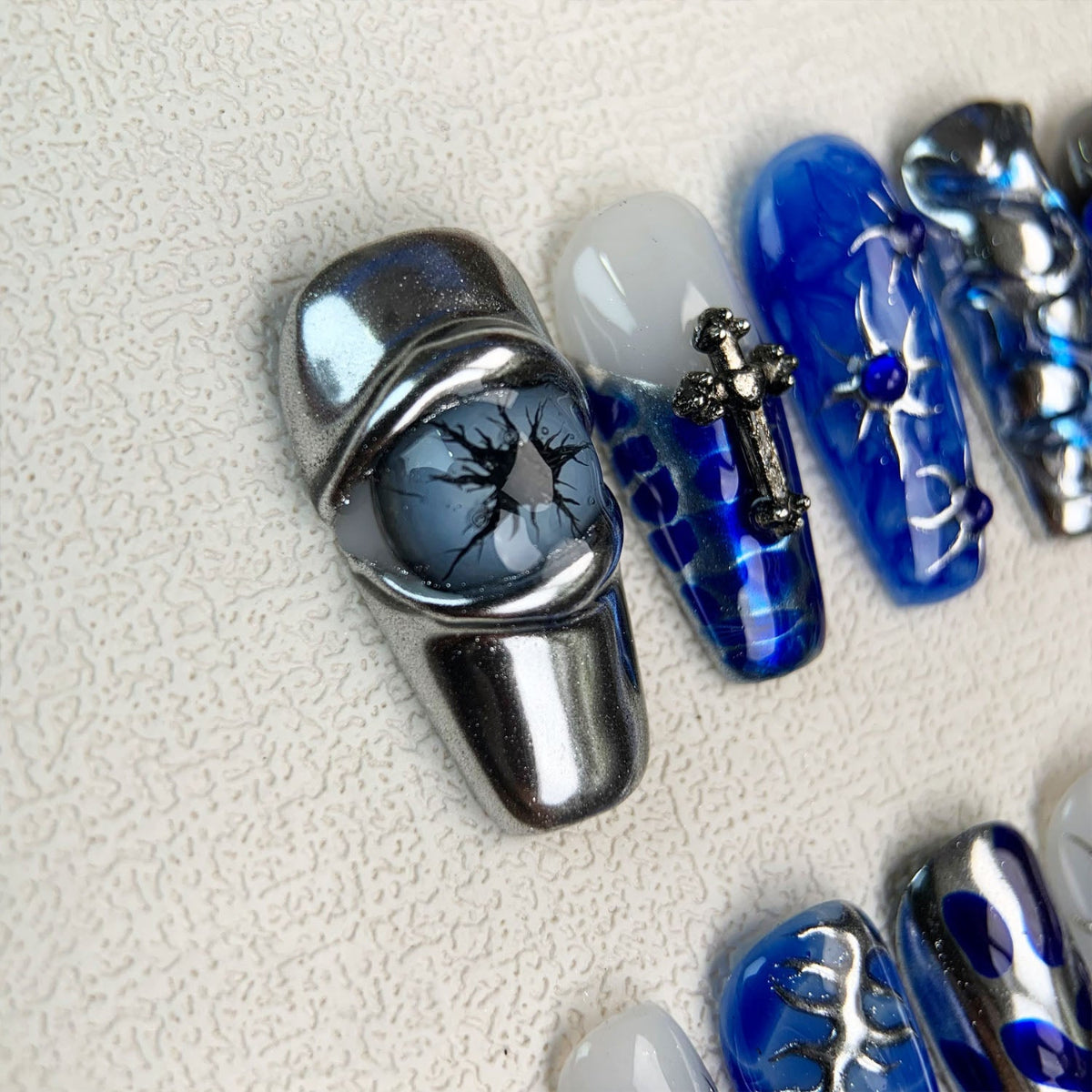 Blue Press On Nails, Dark Gothic Punk Y2K Press On Nails