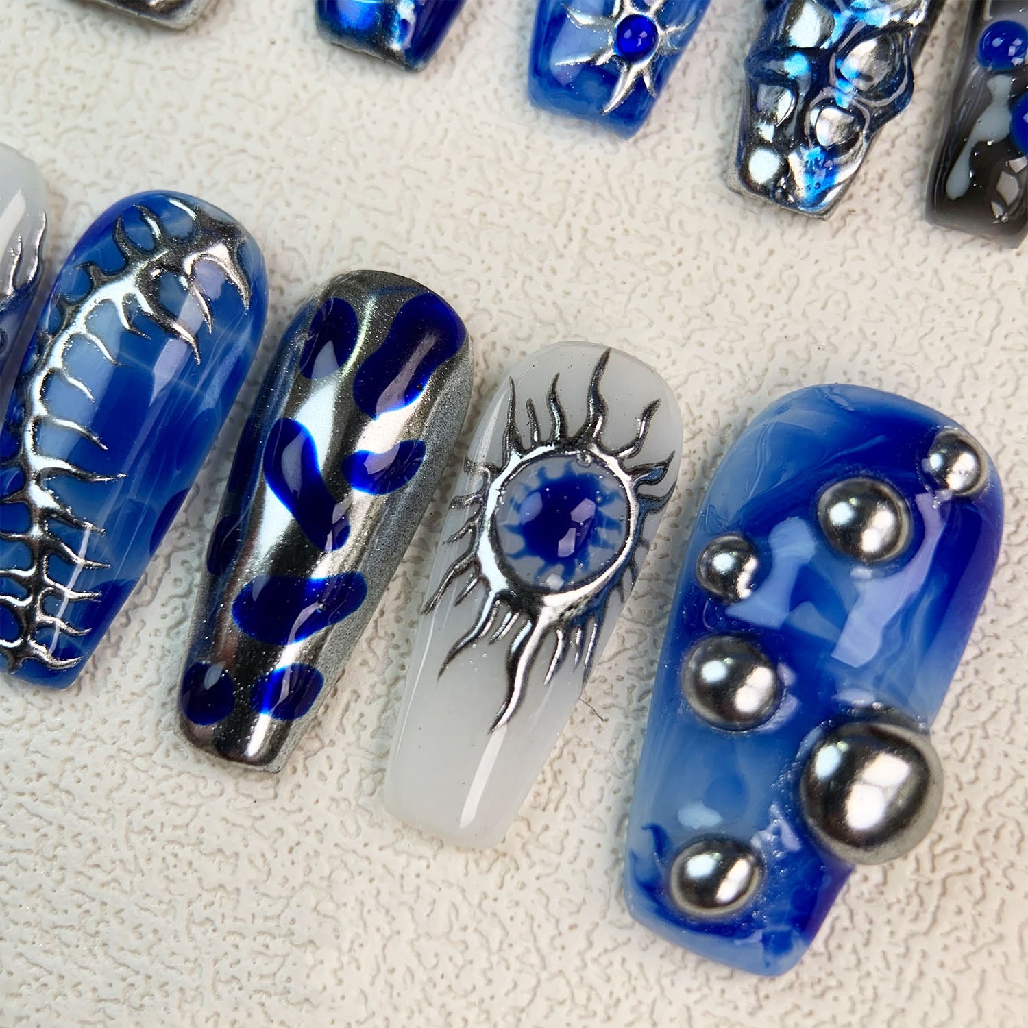 Custom Blue Press On Nails, Dark Gothic Punk Y2K Press On Nails